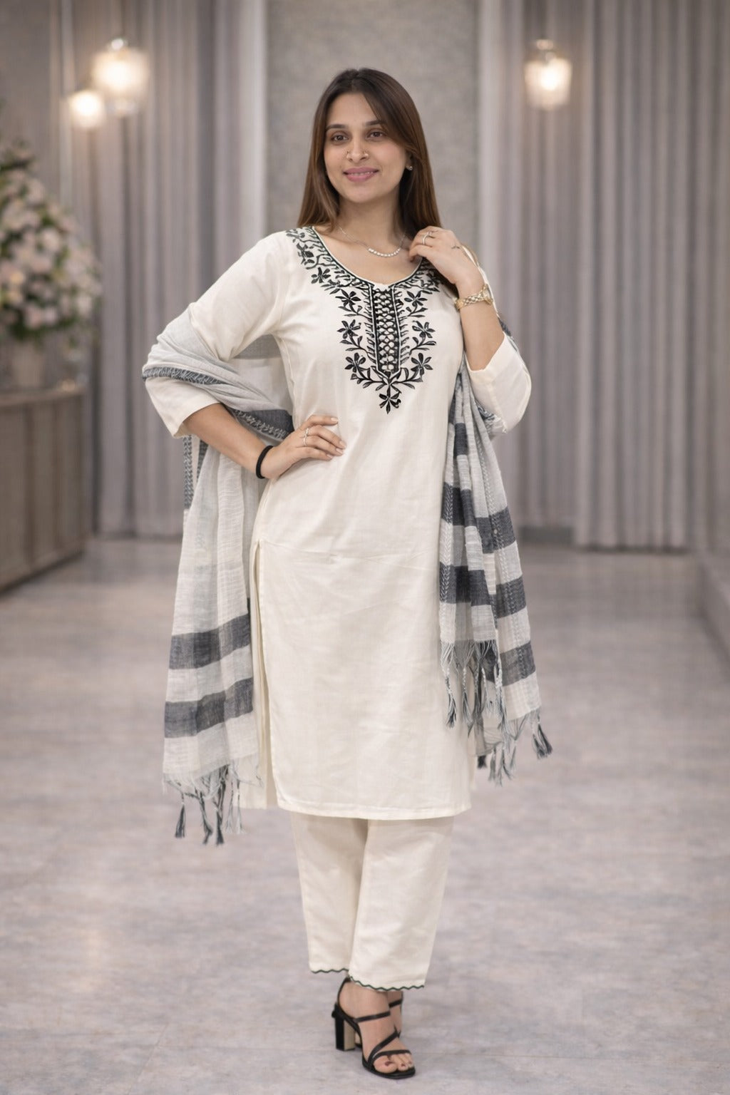 Women's Kurta Set in Cream Khadi Cotton with Black Floral Embroidery