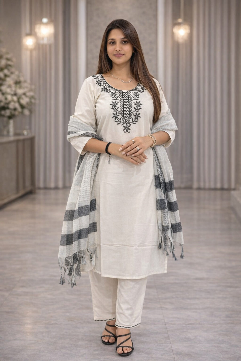 Women's Kurta Set in Cream Khadi Cotton with Black Floral Embroidery