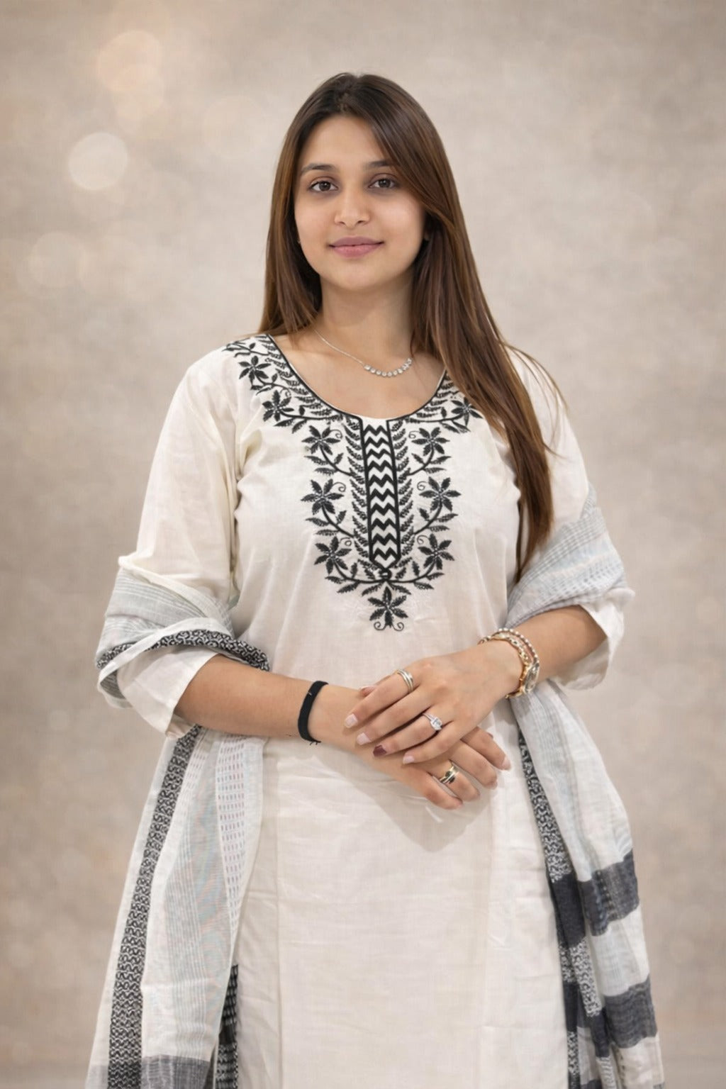 Women's Kurta Set in Cream Khadi Cotton with Black Floral Embroidery