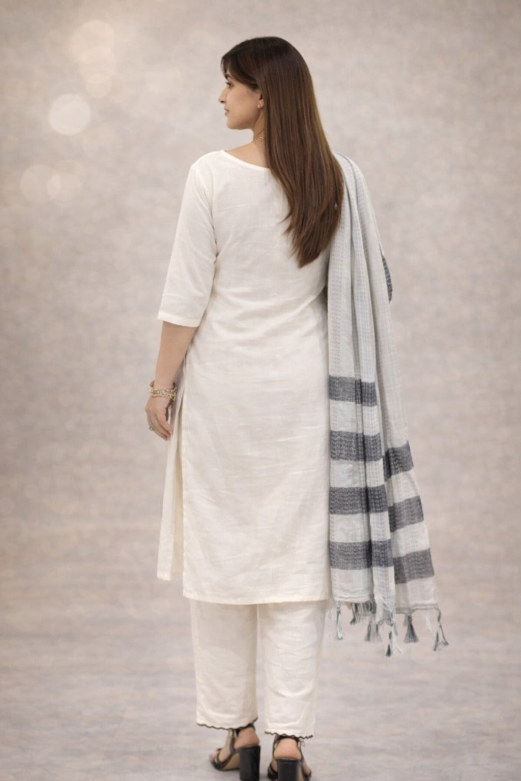 Women's Kurta Set in Cream Khadi Cotton with Black Floral Embroidery