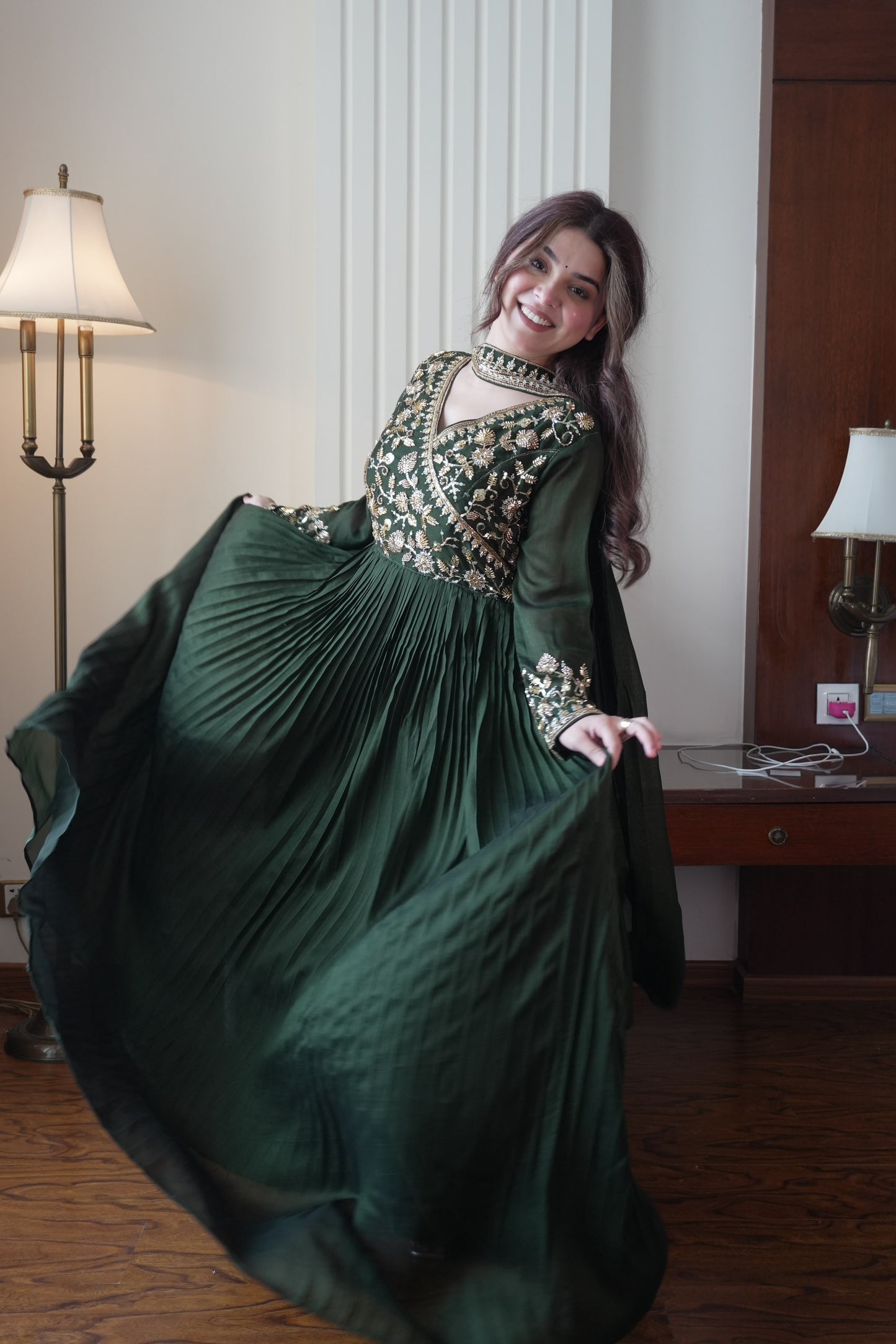 Women's Anarkali Gown in Green Blooming Vichitra with Beads and Sequin Embroidery