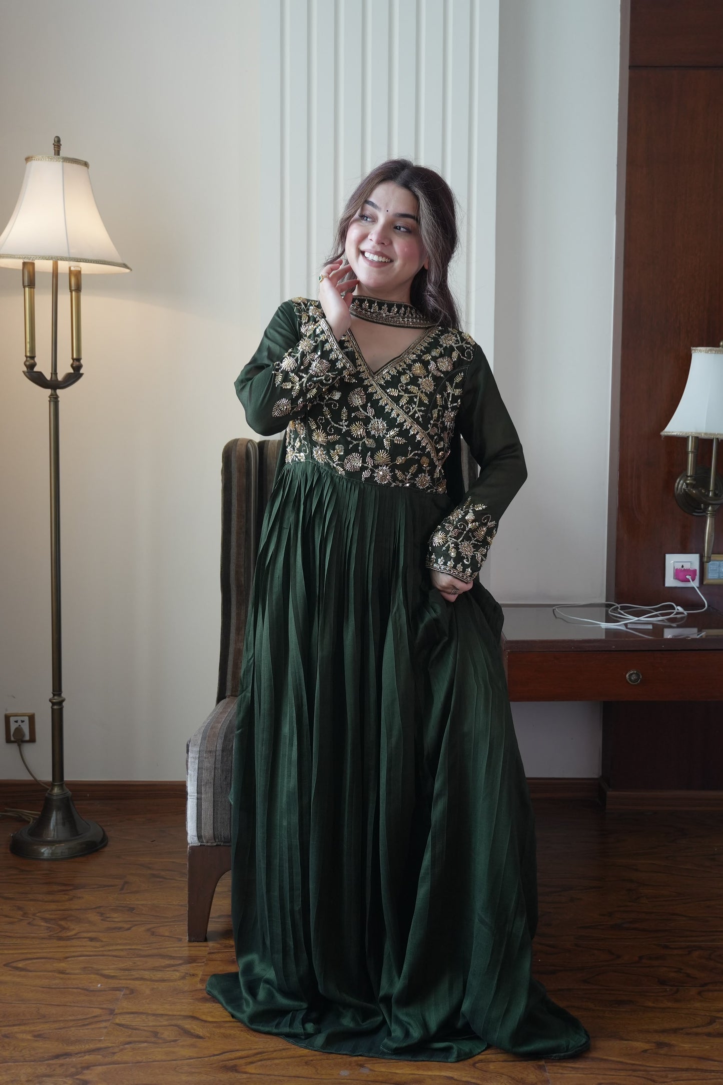 Women's Anarkali Gown in Green Blooming Vichitra with Beads and Sequin Embroidery