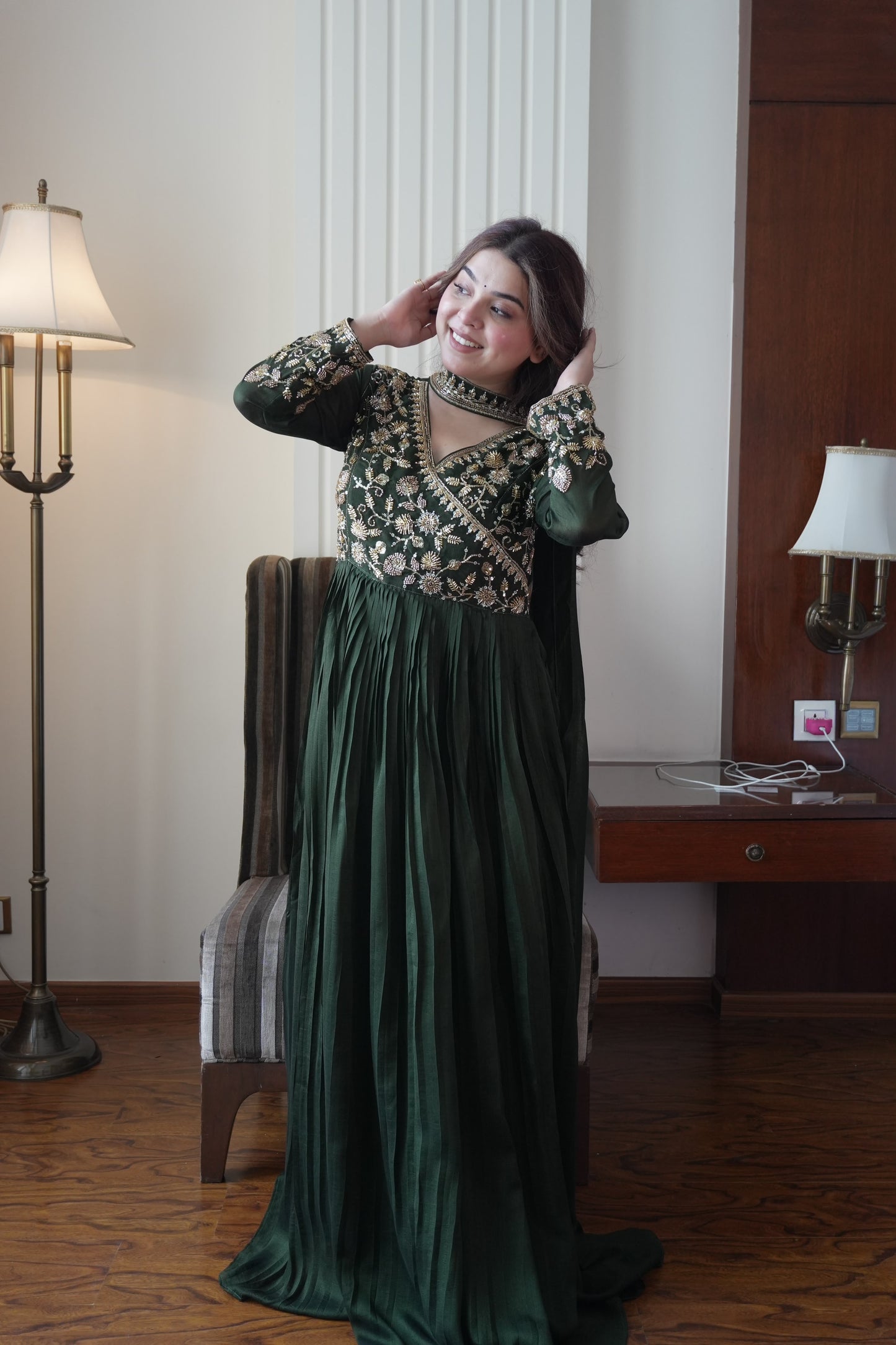 Women's Anarkali Gown in Green Blooming Vichitra with Beads and Sequin Embroidery