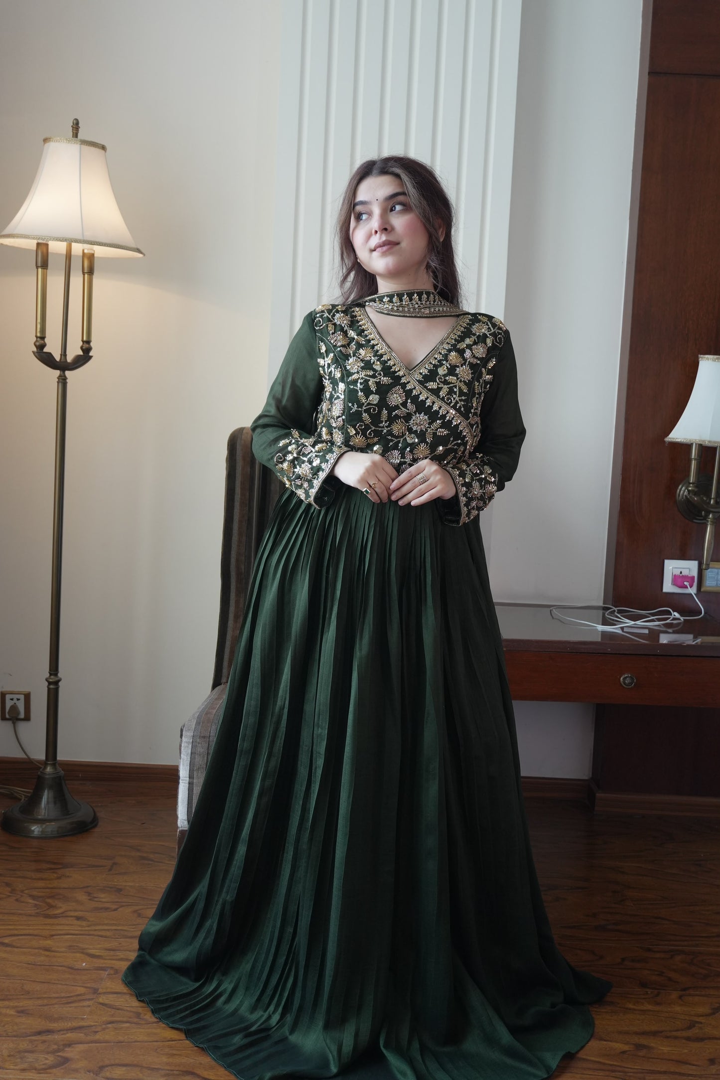 Women's Anarkali Gown in Green Blooming Vichitra with Beads and Sequin Embroidery