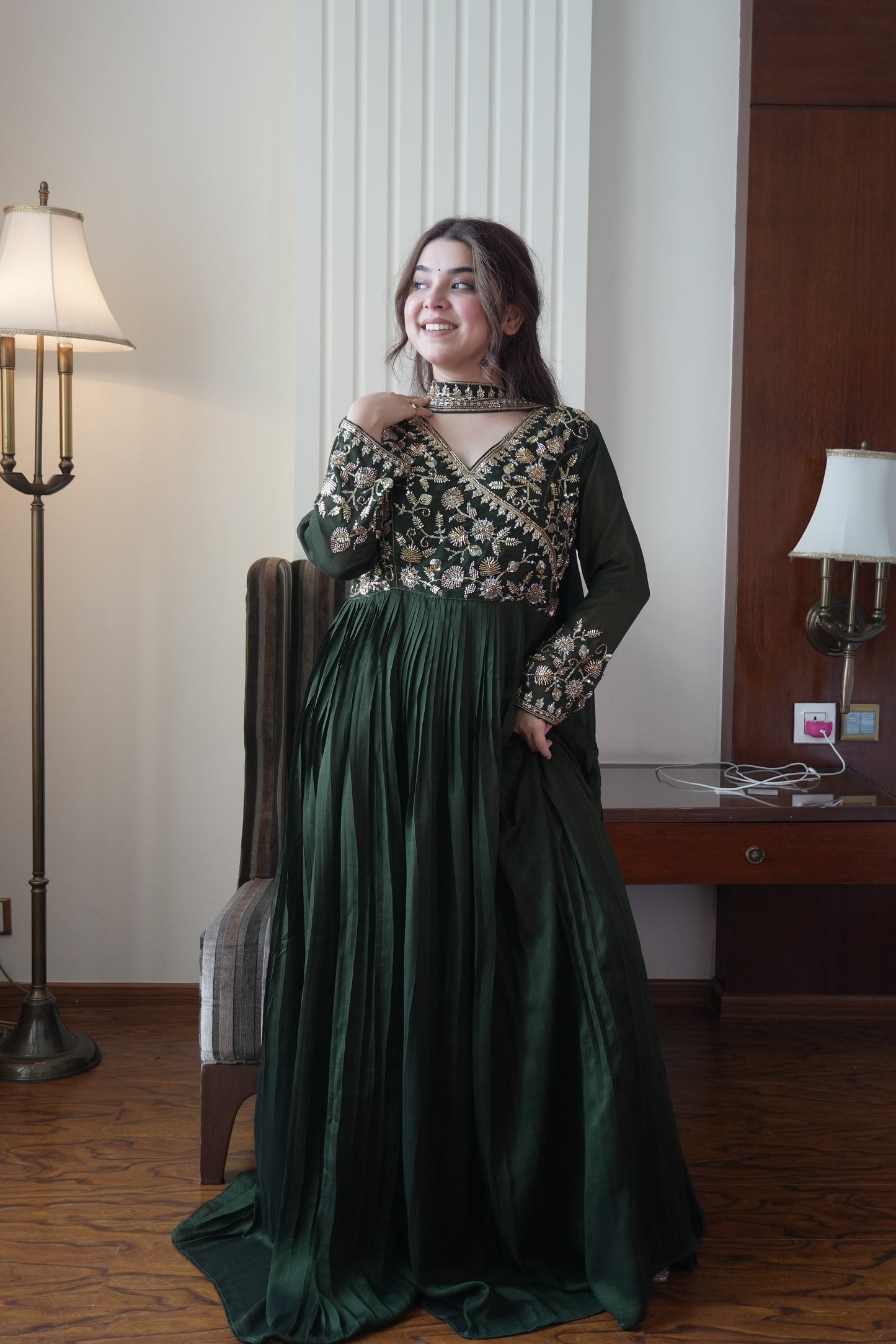 Women's Anarkali Gown in Green Blooming Vichitra with Beads and Sequin Embroidery