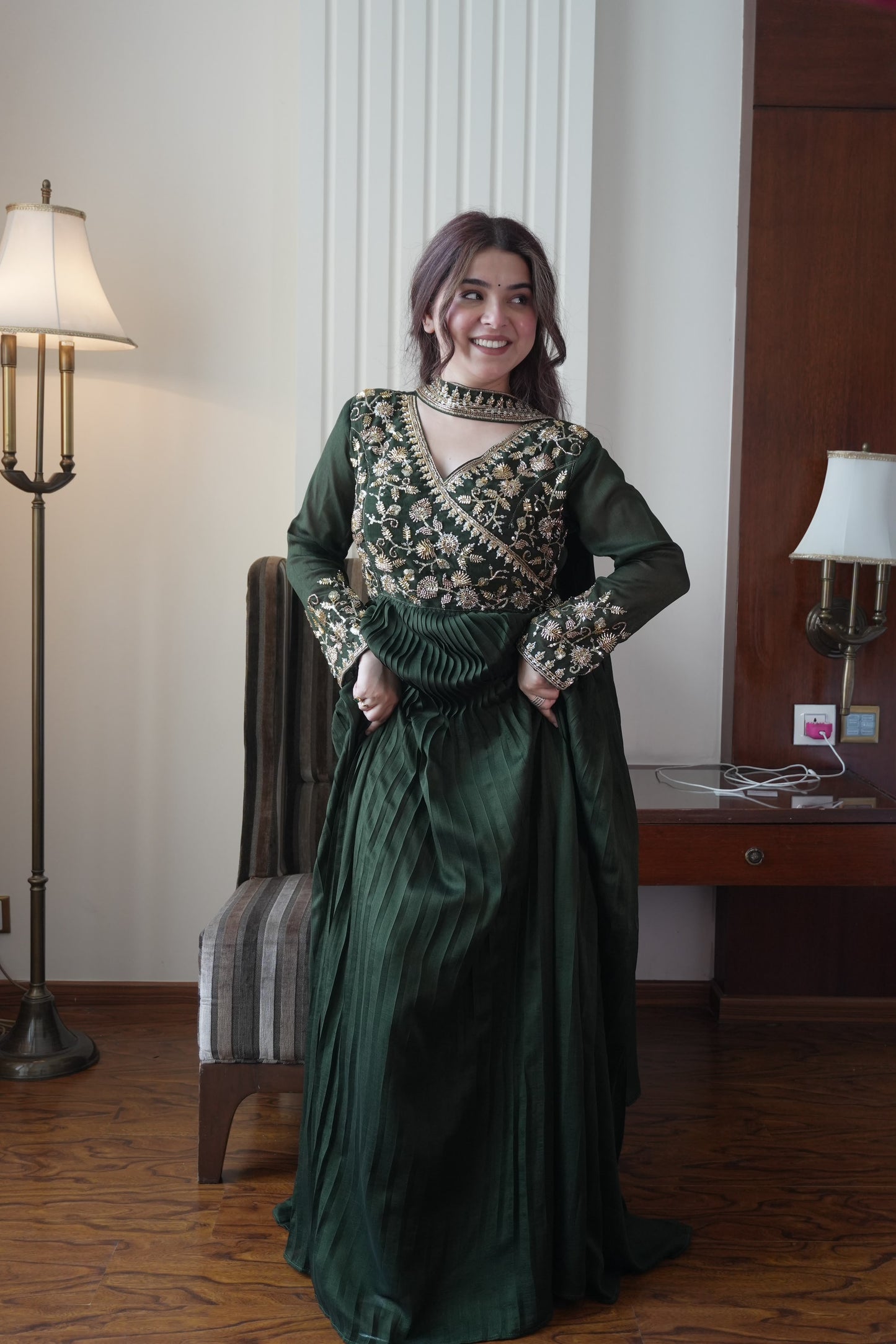 Women's Anarkali Gown in Green Blooming Vichitra with Beads and Sequin Embroidery