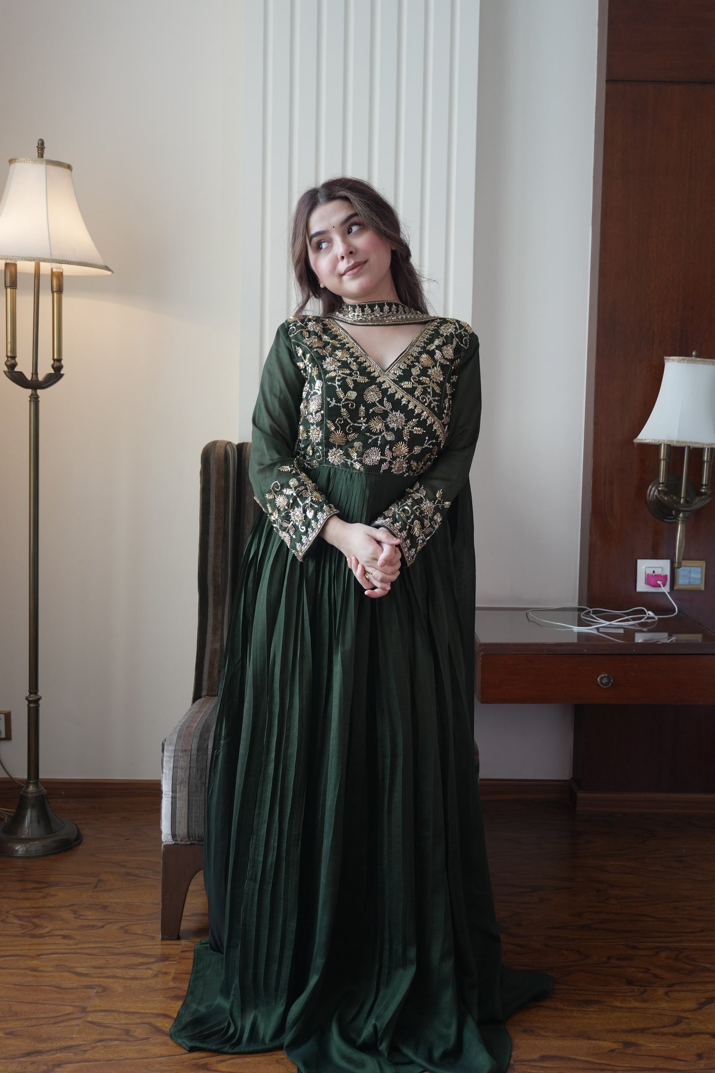 Women's Anarkali Gown in Green Blooming Vichitra with Beads and Sequin Embroidery