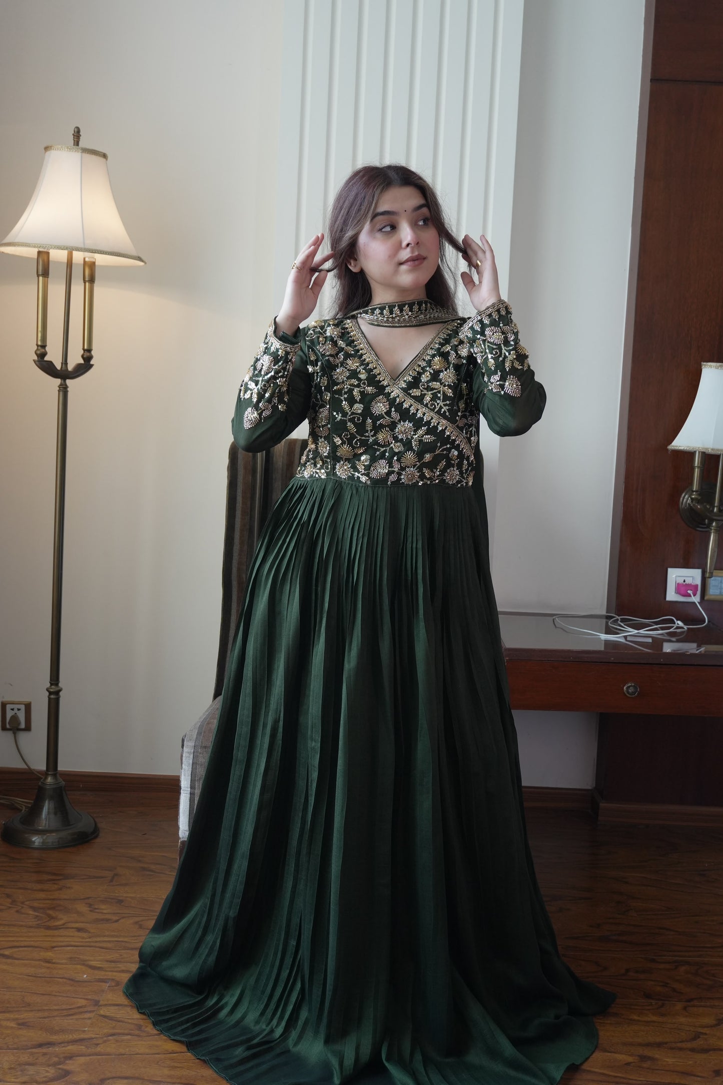 Women's Anarkali Gown in Green Blooming Vichitra with Beads and Sequin Embroidery