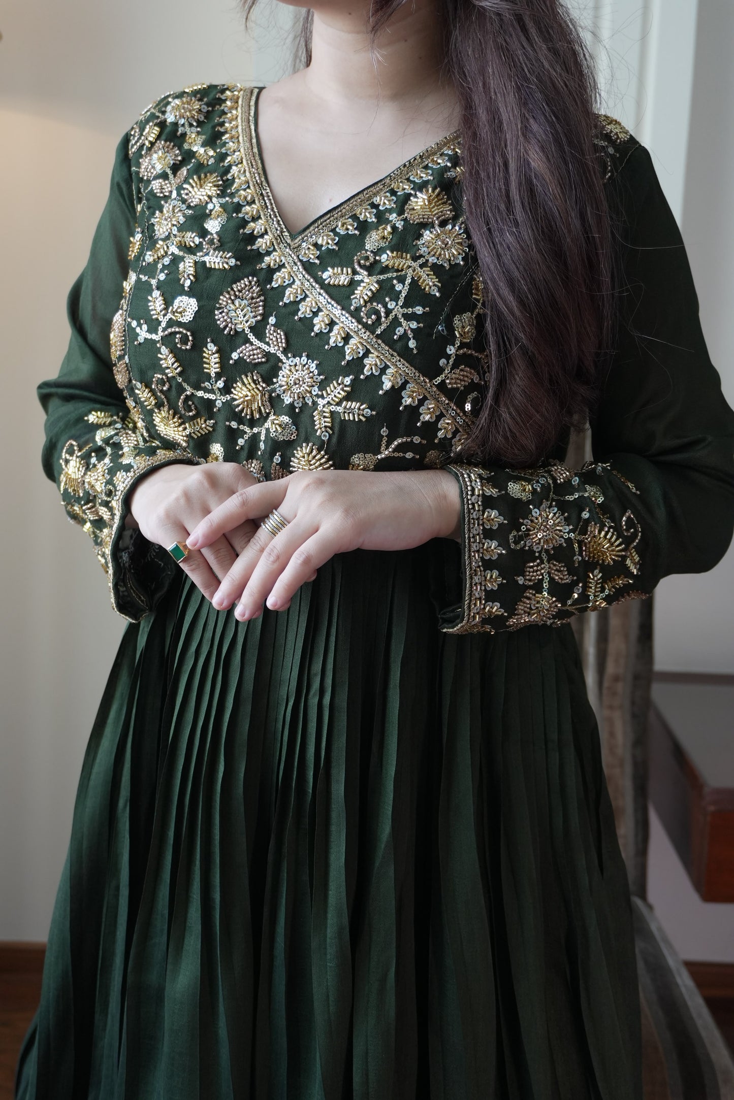 Women's Anarkali Gown in Green Blooming Vichitra with Beads and Sequin Embroidery