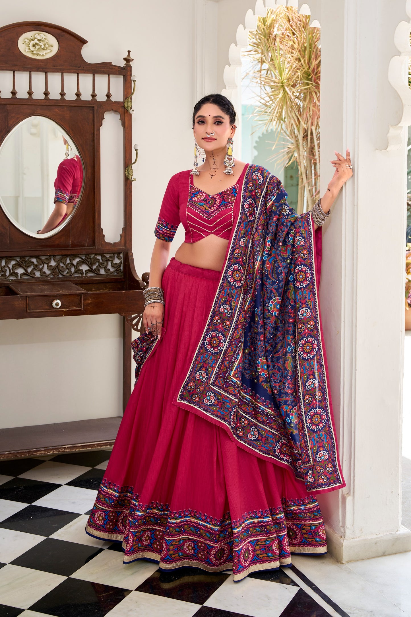 Women's Navratri Lehenga Set in Magenta Tasar Silk with Gamthi Print and Gotta Patti Lace