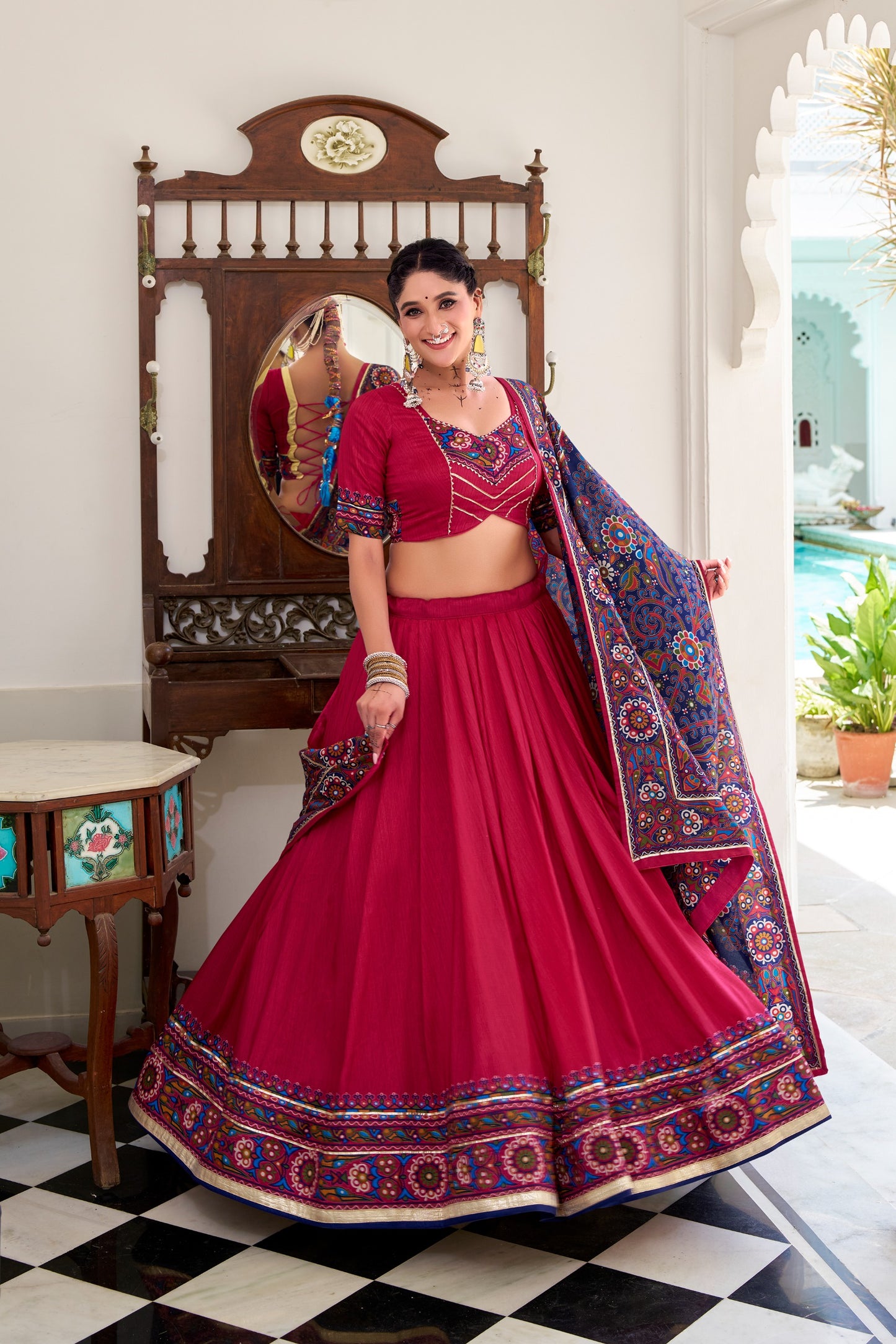 Women's Navratri Lehenga Set in Magenta Tasar Silk with Gamthi Print and Gotta Patti Lace