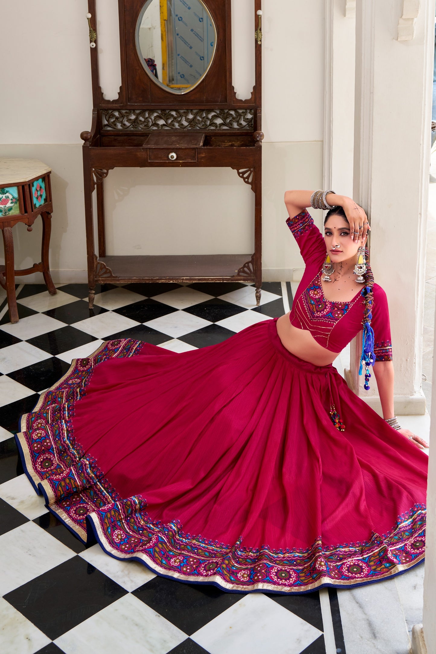 Women's Navratri Lehenga Set in Magenta Tasar Silk with Gamthi Print and Gotta Patti Lace