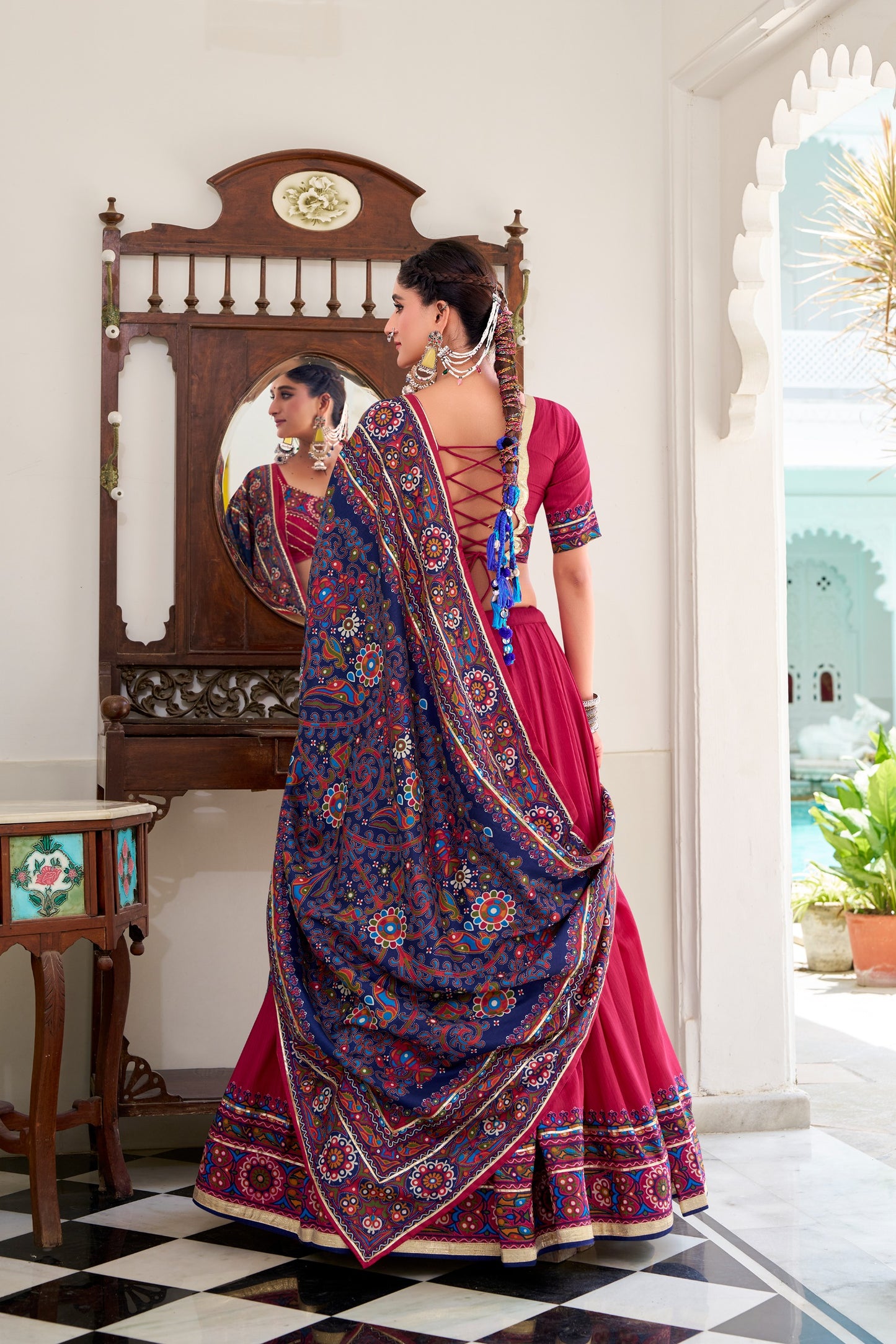 Women's Navratri Lehenga Set in Magenta Tasar Silk with Gamthi Print and Gotta Patti Lace