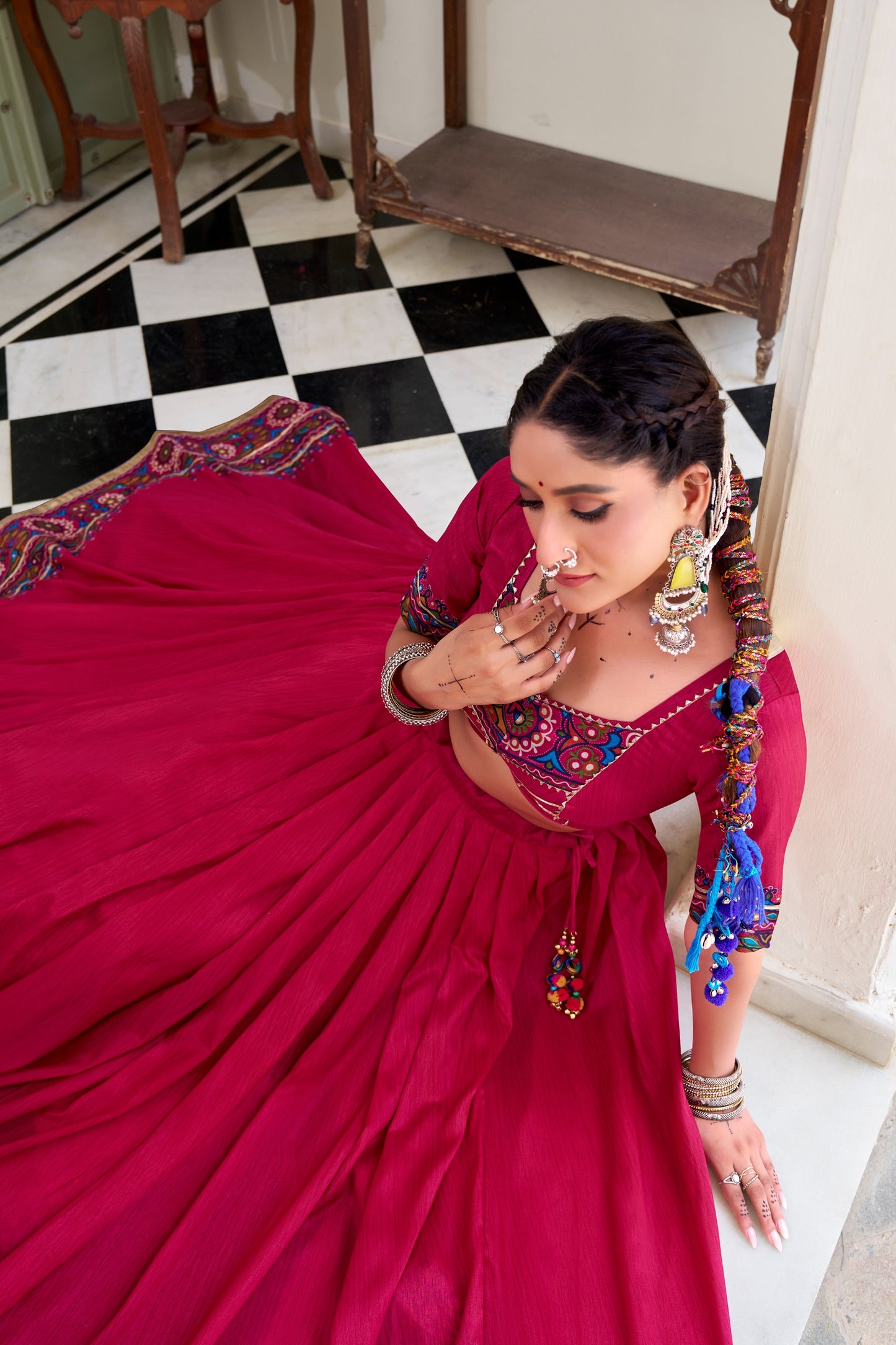 Women's Navratri Lehenga Set in Magenta Tasar Silk with Gamthi Print and Gotta Patti Lace