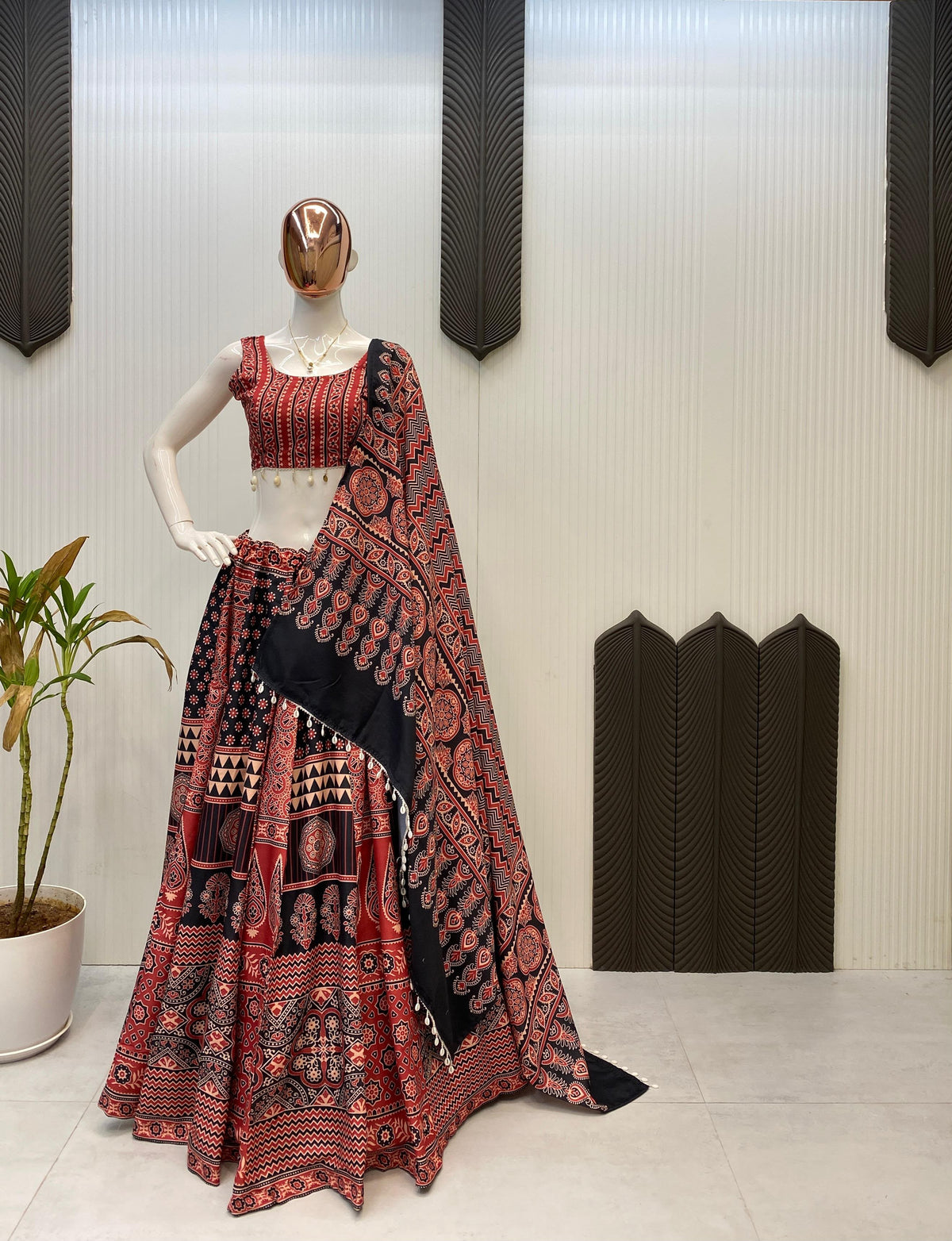 Women's Navratri Lehenga Choli in Black and Maroon Rayon with Printed Work and Kodi Lace