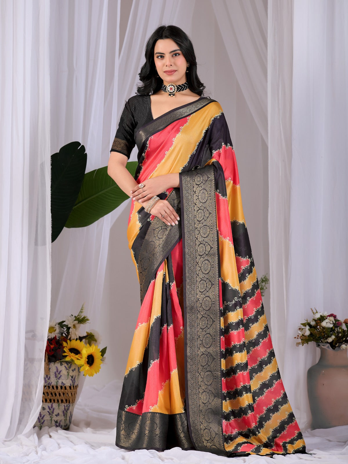 Women's Soft Lichi Silk Saree in Black, Mustard Yellow and Coral Pink with Patola-Inspired Woven Border