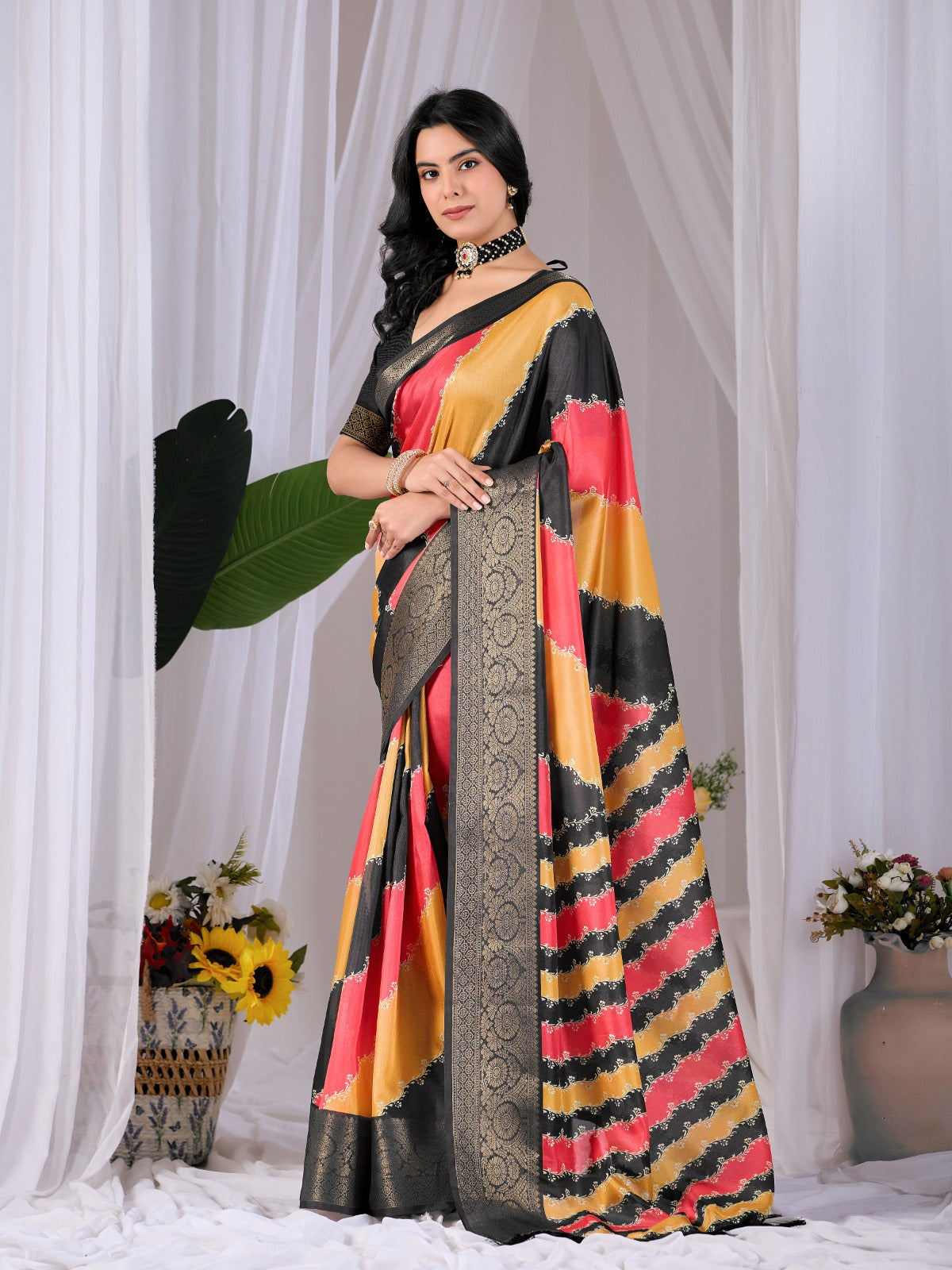 Women's Soft Lichi Silk Saree in Black, Mustard Yellow and Coral Pink with Patola-Inspired Woven Border