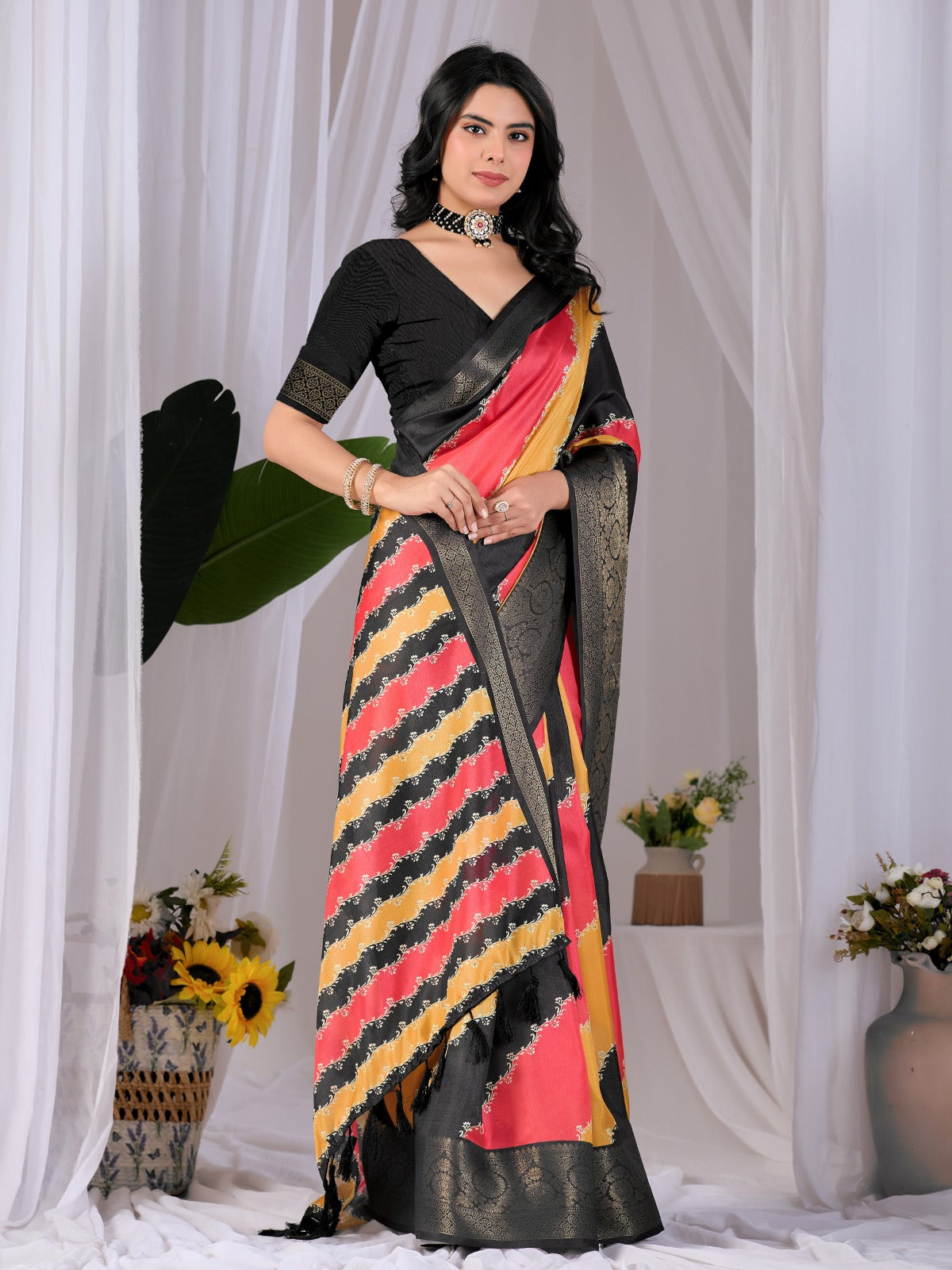 Women's Soft Lichi Silk Saree in Black, Mustard Yellow and Coral Pink with Patola-Inspired Woven Border