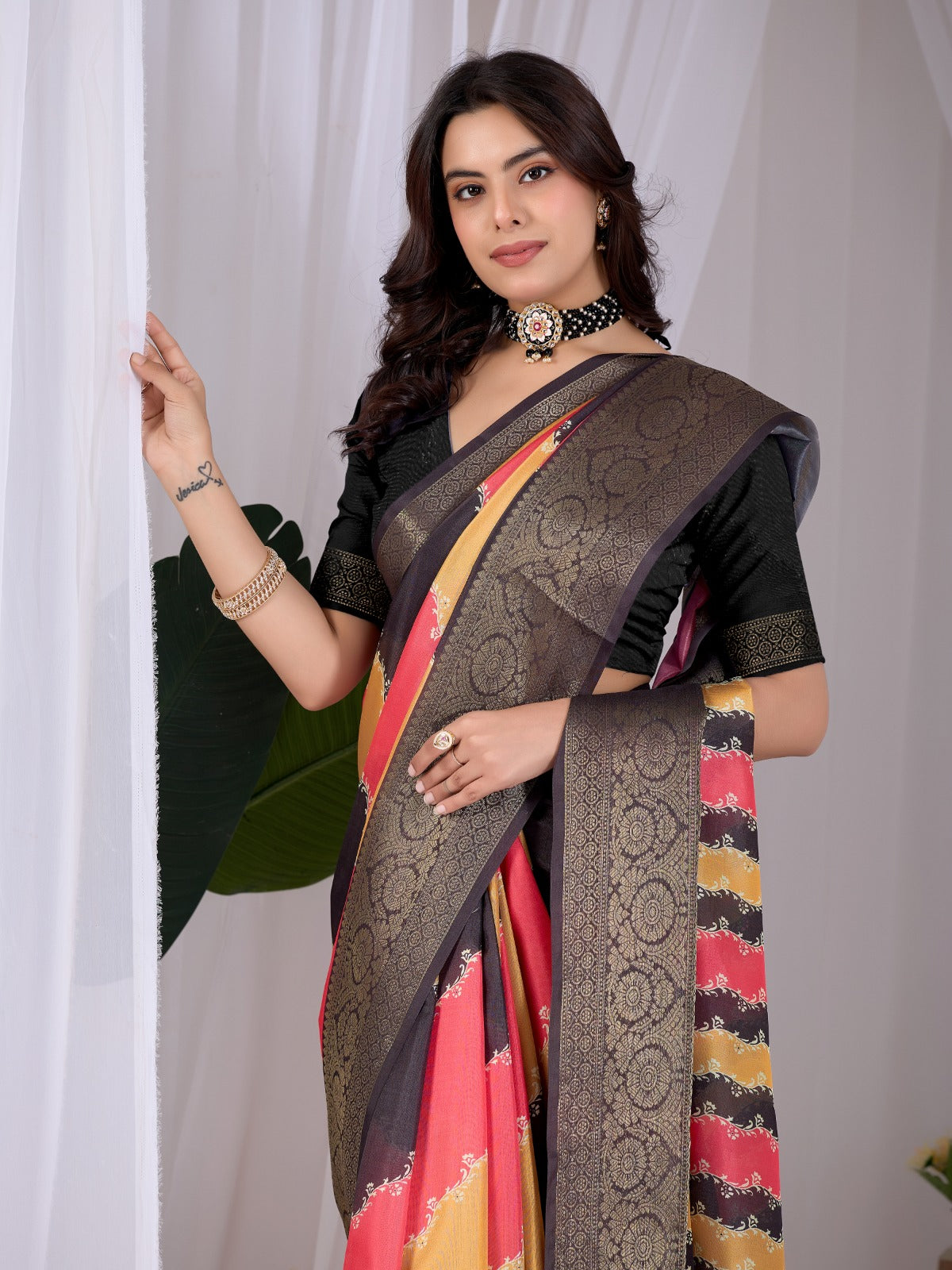 Women's Soft Lichi Silk Saree in Black, Mustard Yellow and Coral Pink with Patola-Inspired Woven Border