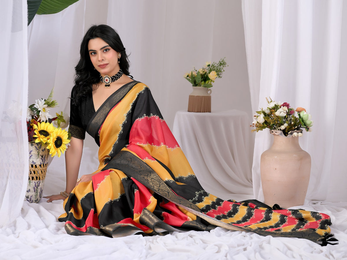 Women's Soft Lichi Silk Saree in Black, Mustard Yellow and Coral Pink with Patola-Inspired Woven Border