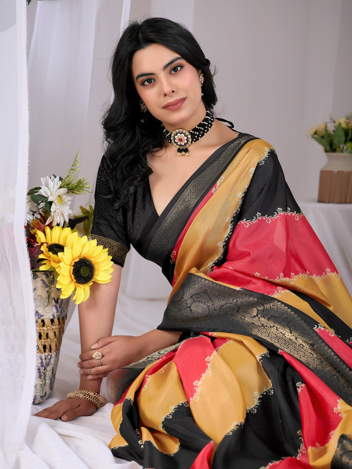 Women's Soft Lichi Silk Saree in Black, Mustard Yellow and Coral Pink with Patola-Inspired Woven Border