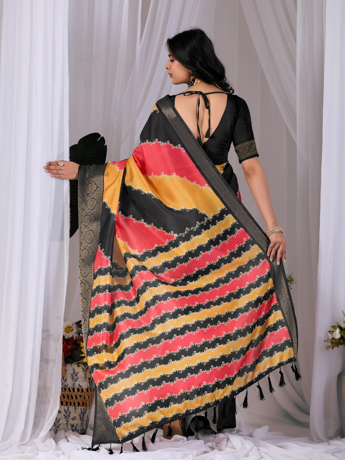 Women's Soft Lichi Silk Saree in Black, Mustard Yellow and Coral Pink with Patola-Inspired Woven Border