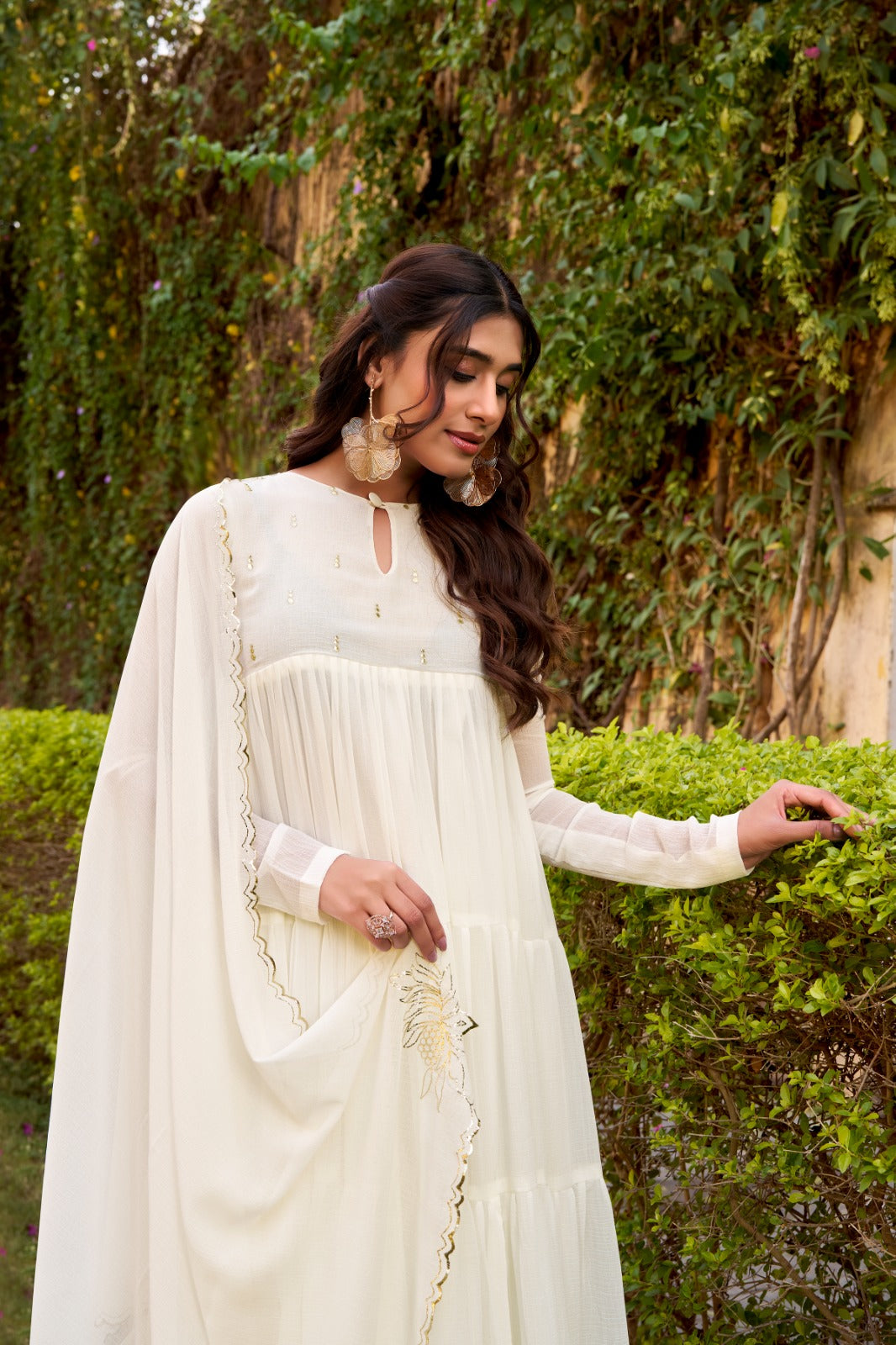 Women's Flared Anarkali Dress in Ivory Marble Fabric with Foil Work