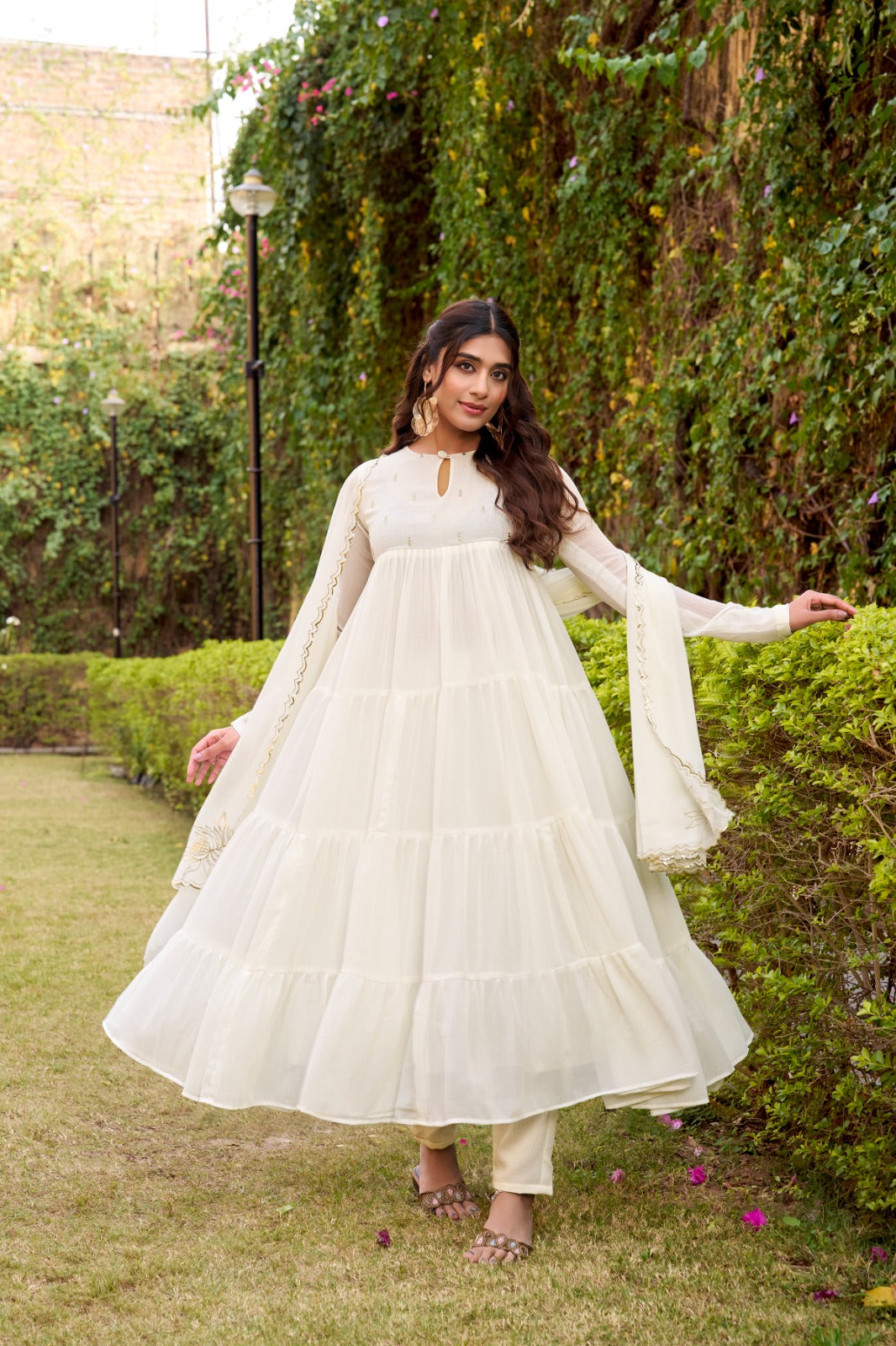 Women's Flared Anarkali Dress in Ivory Marble Fabric with Foil Work