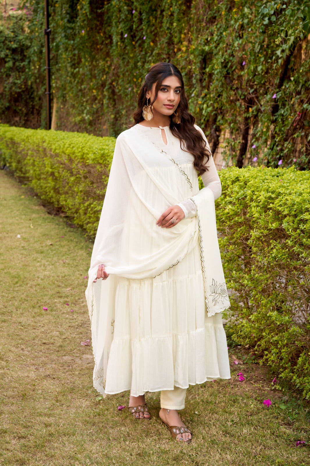 Women's Flared Anarkali Dress in Ivory Marble Fabric with Foil Work