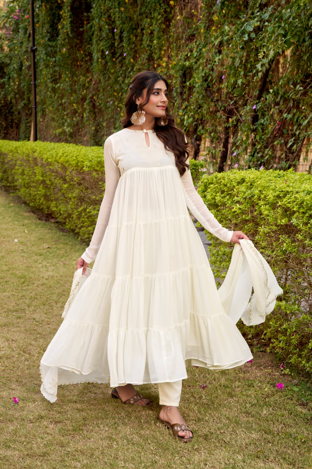 Women's Flared Anarkali Dress in Ivory Marble Fabric with Foil Work
