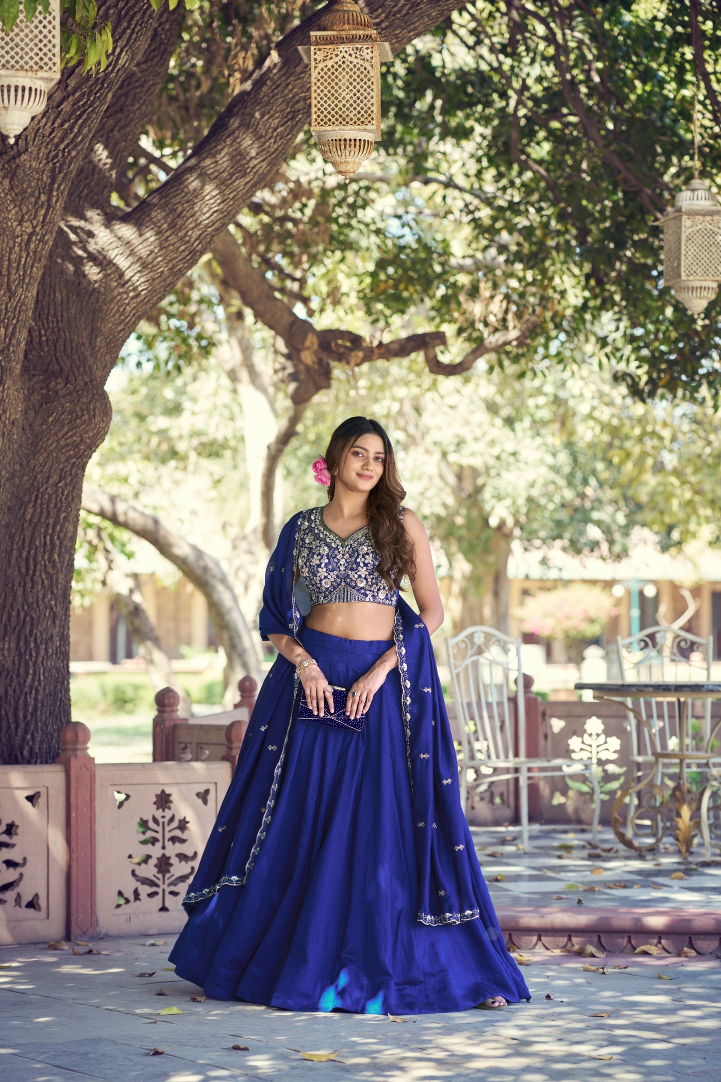 Women's Lehenga Choli in Royal Blue P.C. Kashmiri Fabric with Sequins and Thread Embroidered Blouse