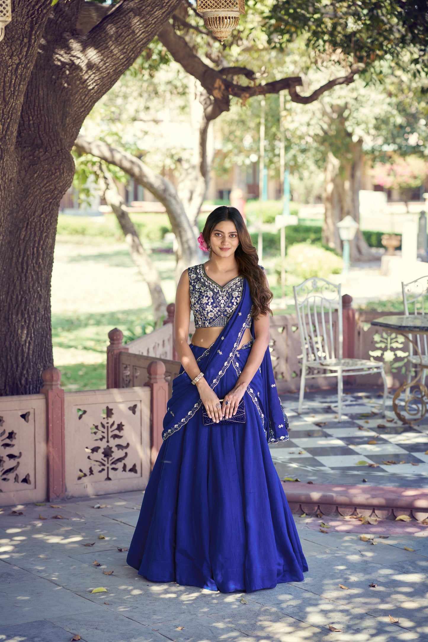 Women's Lehenga Choli in Royal Blue P.C. Kashmiri Fabric with Sequins and Thread Embroidered Blouse