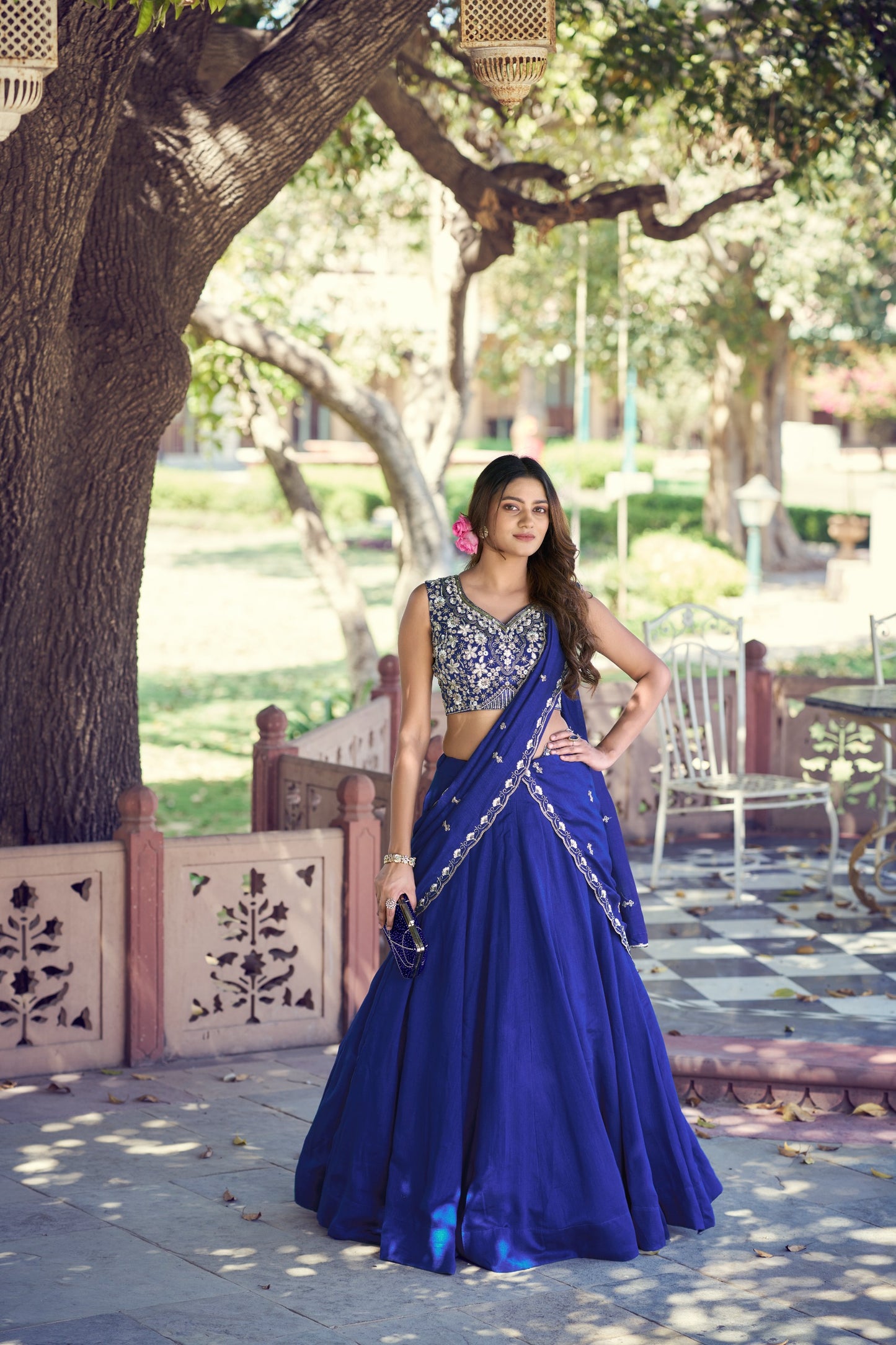 Women's Lehenga Choli in Royal Blue P.C. Kashmiri Fabric with Sequins and Thread Embroidered Blouse