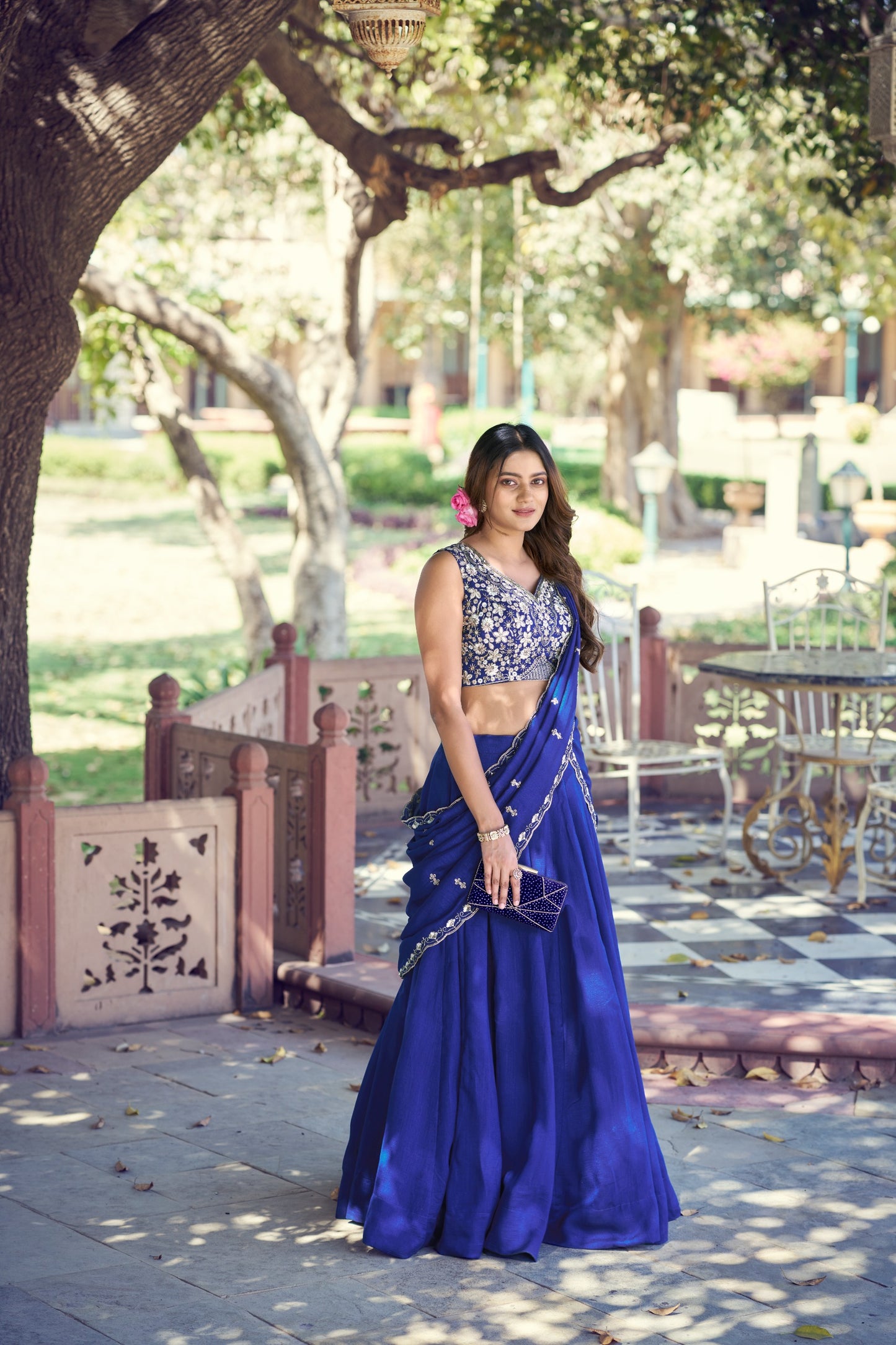 Women's Lehenga Choli in Royal Blue P.C. Kashmiri Fabric with Sequins and Thread Embroidered Blouse