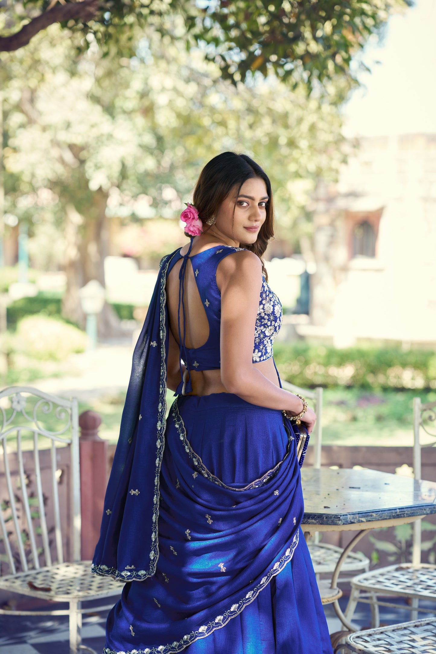 Women's Lehenga Choli in Royal Blue P.C. Kashmiri Fabric with Sequins and Thread Embroidered Blouse