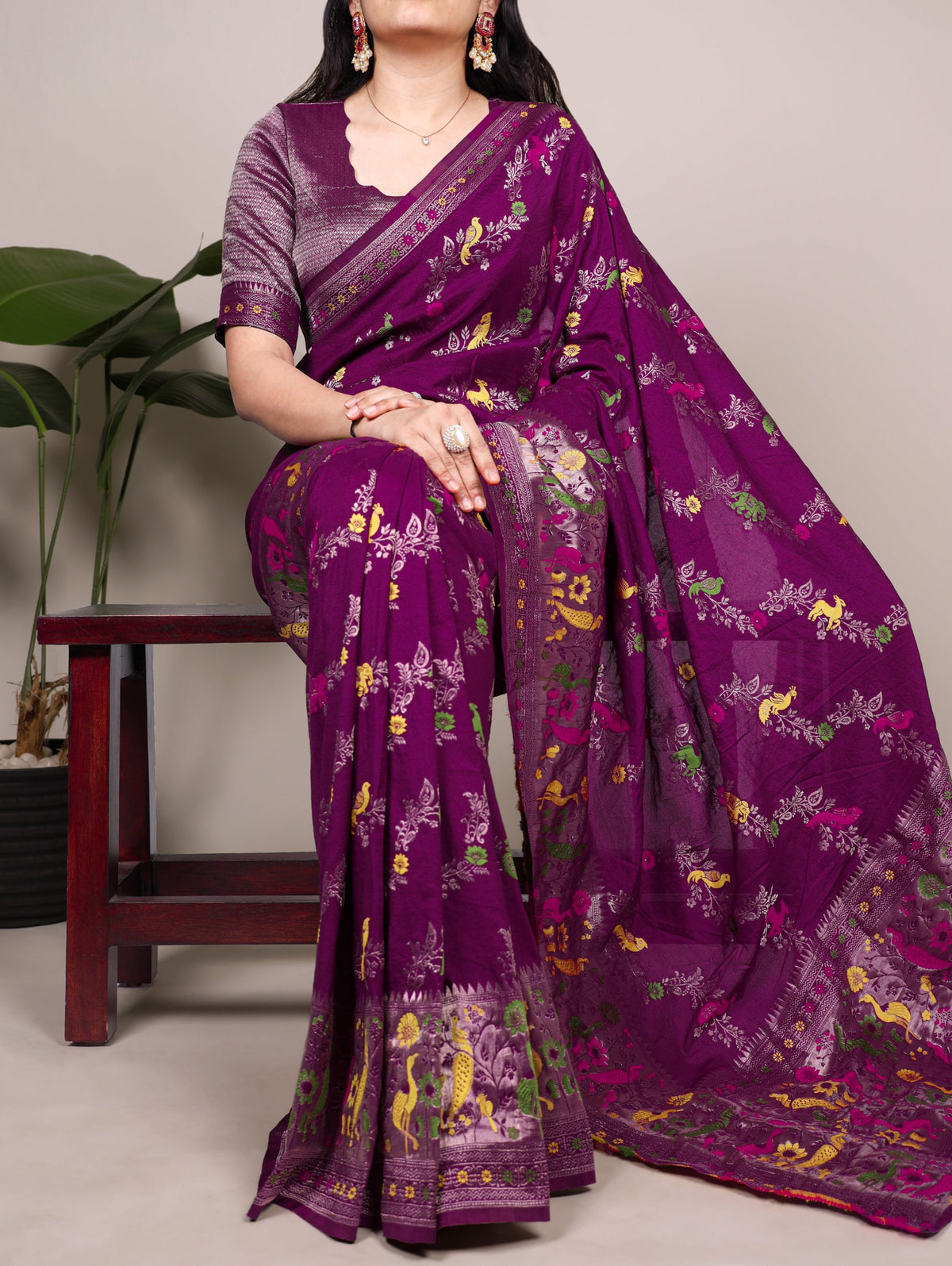 Women's Saree in Assorted Wine and Purple Dyeable Nylon with Traditional Weaving Work