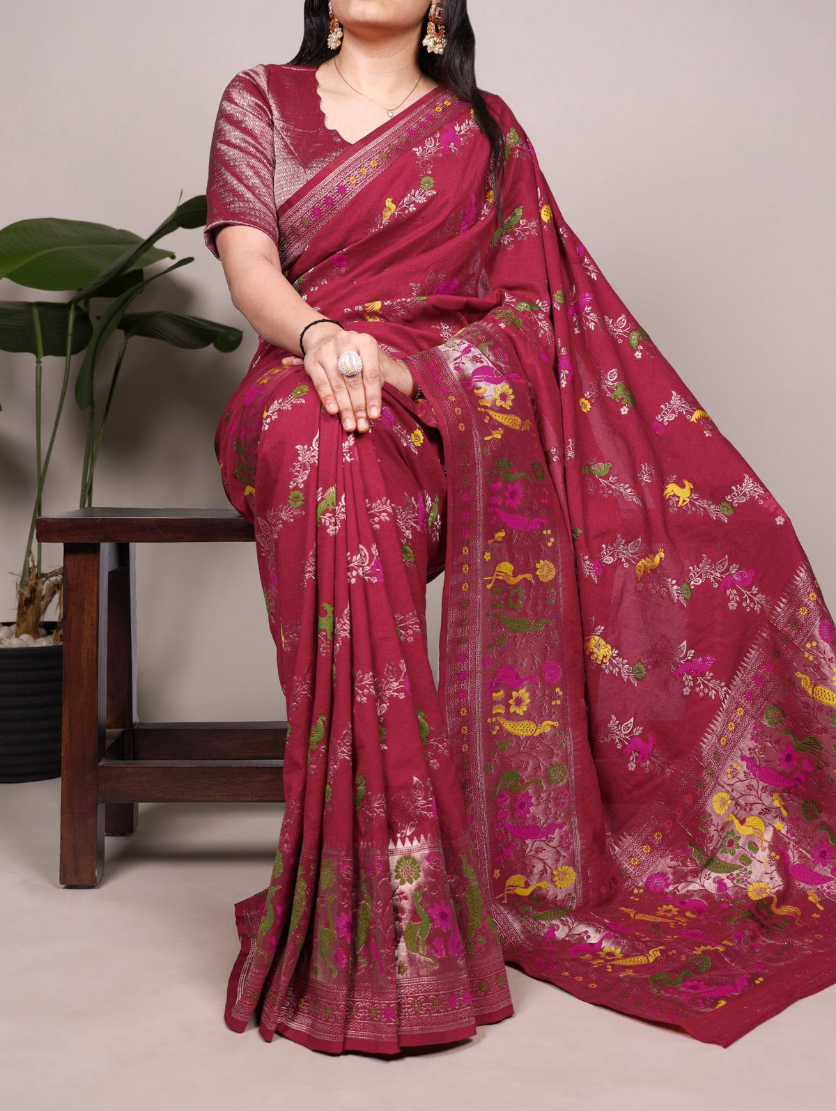 Women's Saree in Assorted Wine and Purple Dyeable Nylon with Traditional Weaving Work