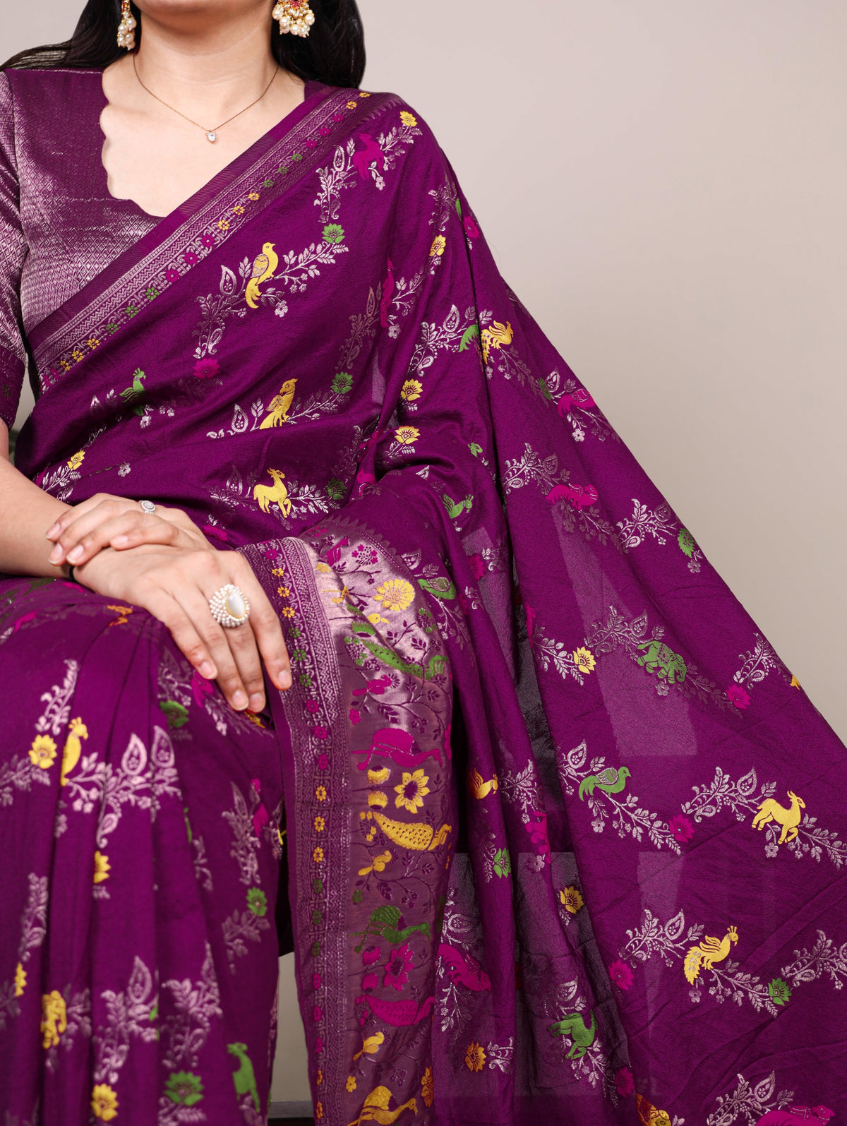 Women's Saree in Assorted Wine and Purple Dyeable Nylon with Traditional Weaving Work