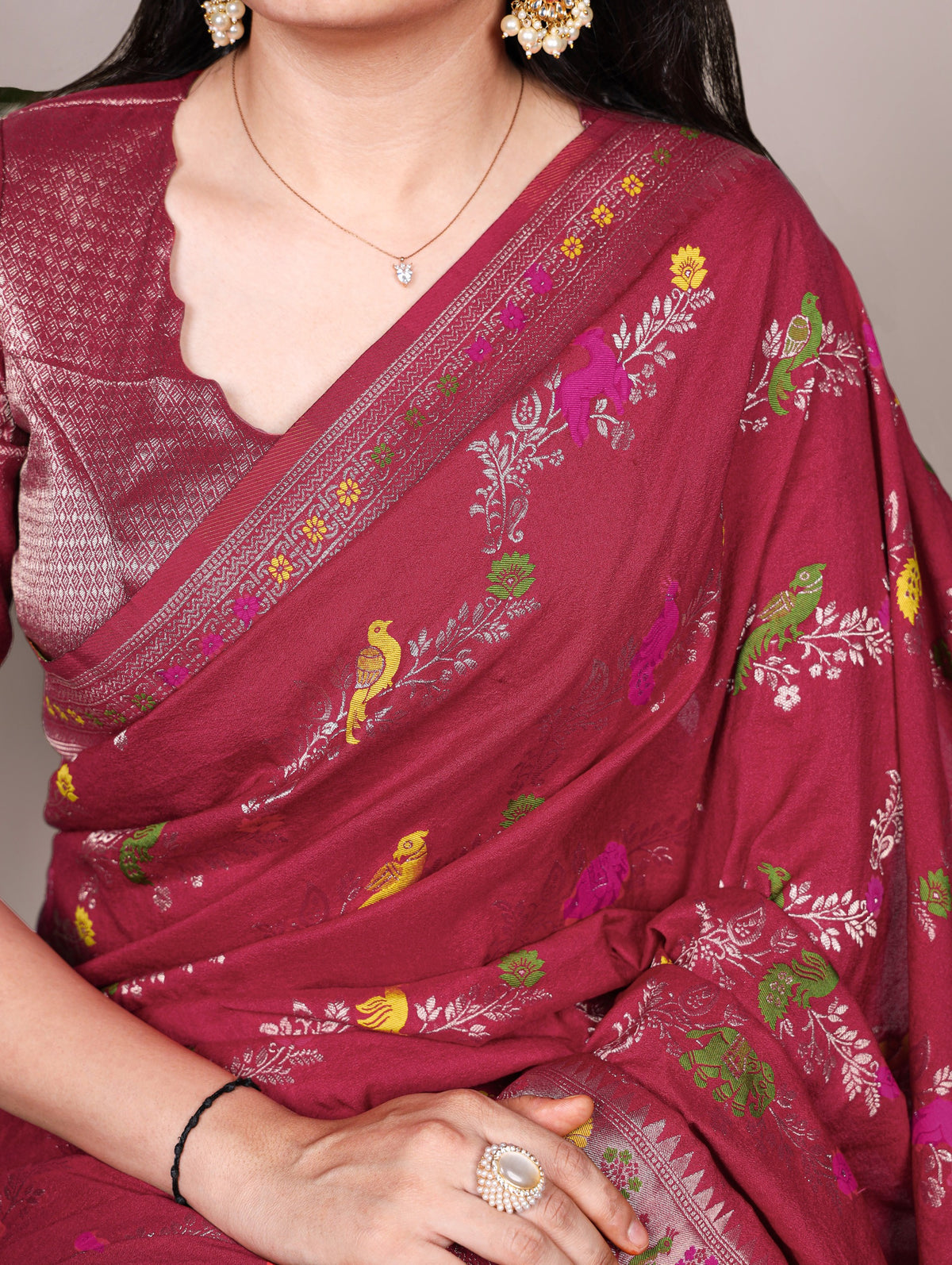 Women's Saree in Assorted Wine and Purple Dyeable Nylon with Traditional Weaving Work