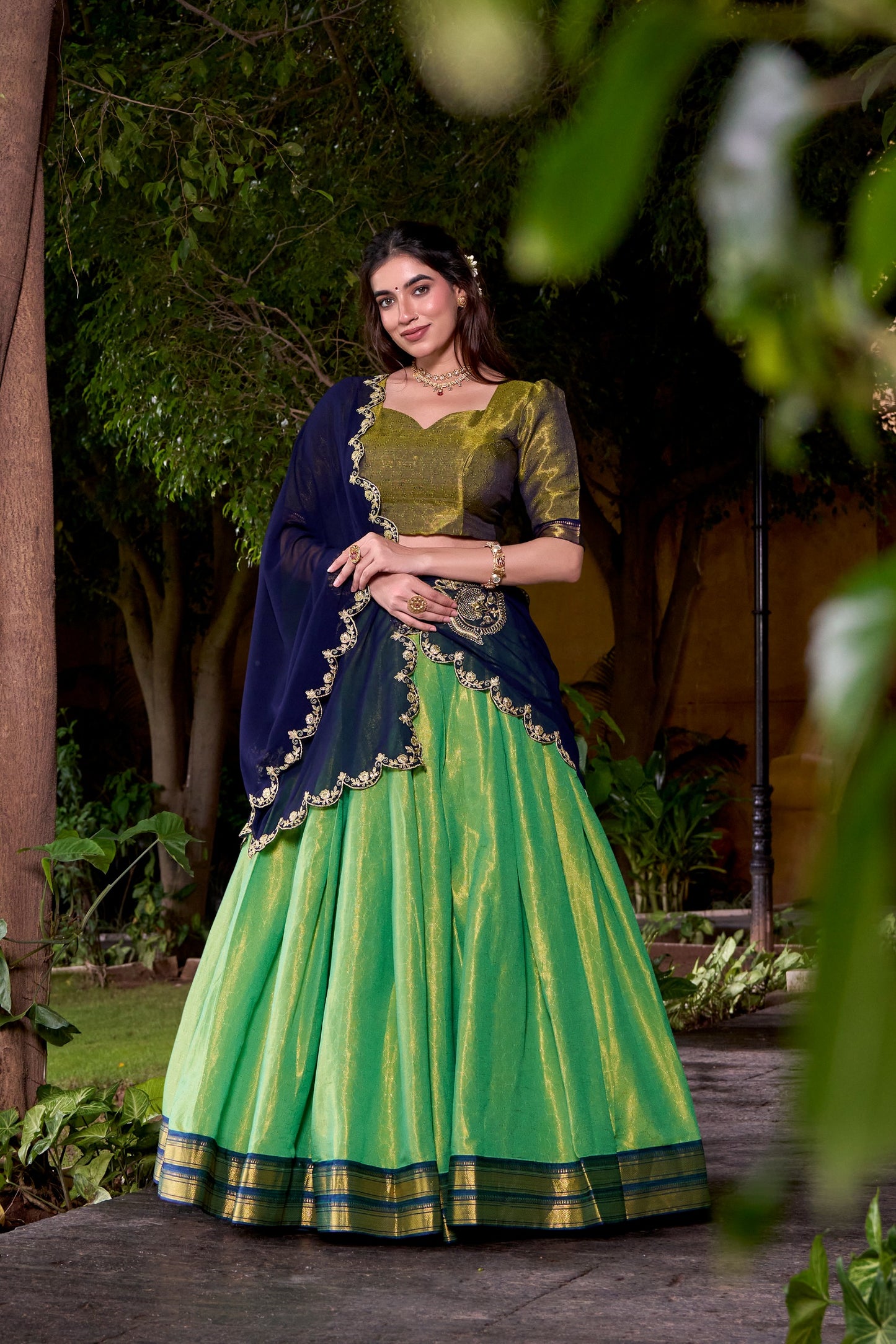 Women's Kanchipuram Silk Lehenga Set in Assorted Colors with Zari Weaving