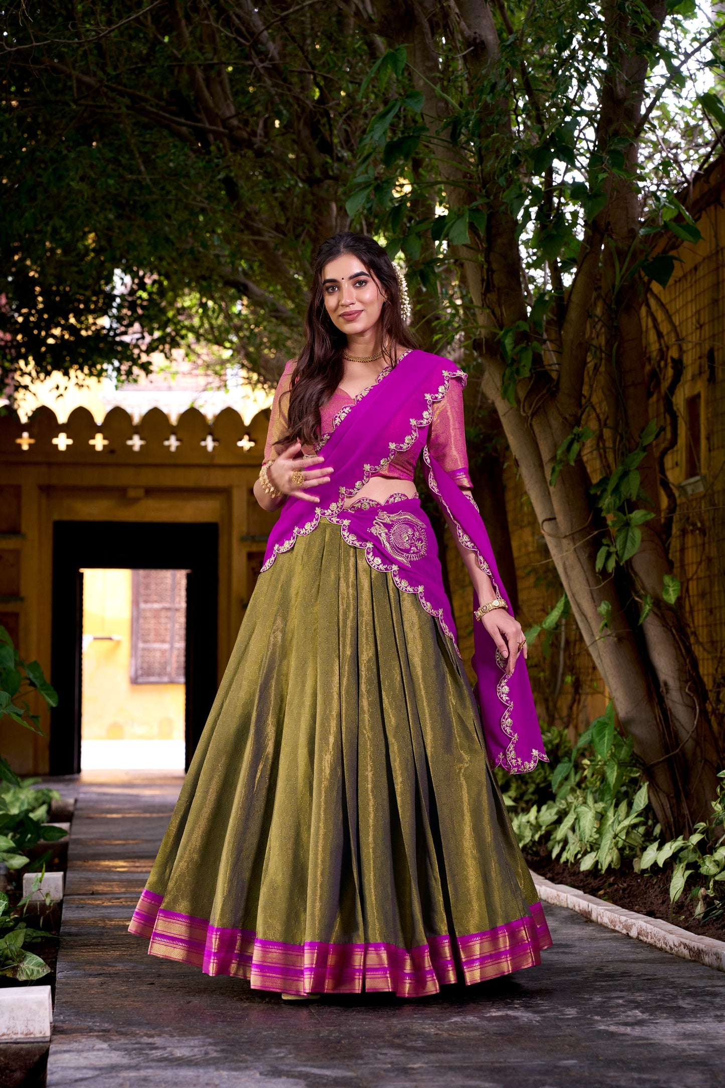 Women's Kanchipuram Silk Lehenga Set in Assorted Colors with Zari Weaving