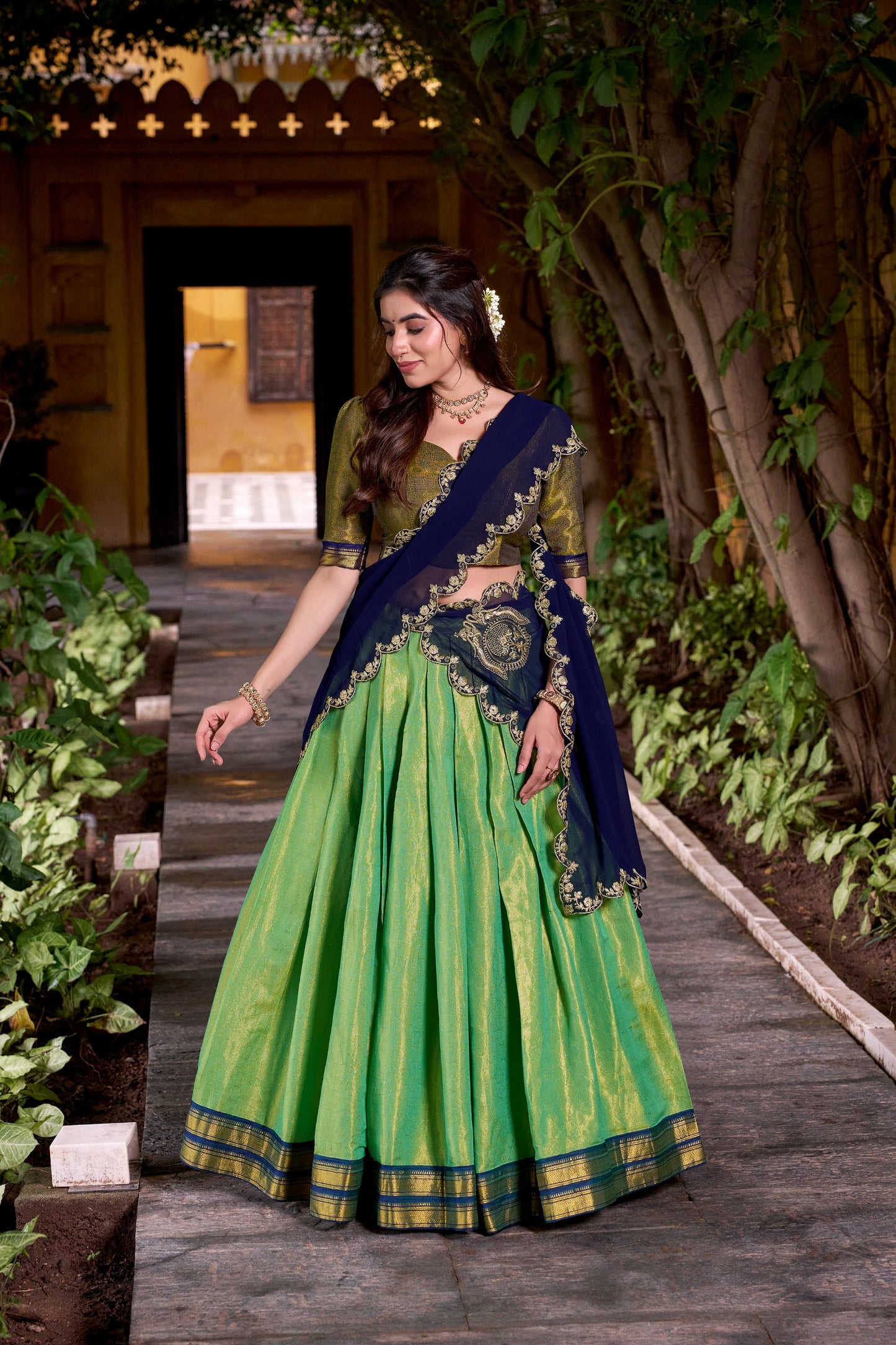 Women's Kanchipuram Silk Lehenga Set in Assorted Colors with Zari Weaving
