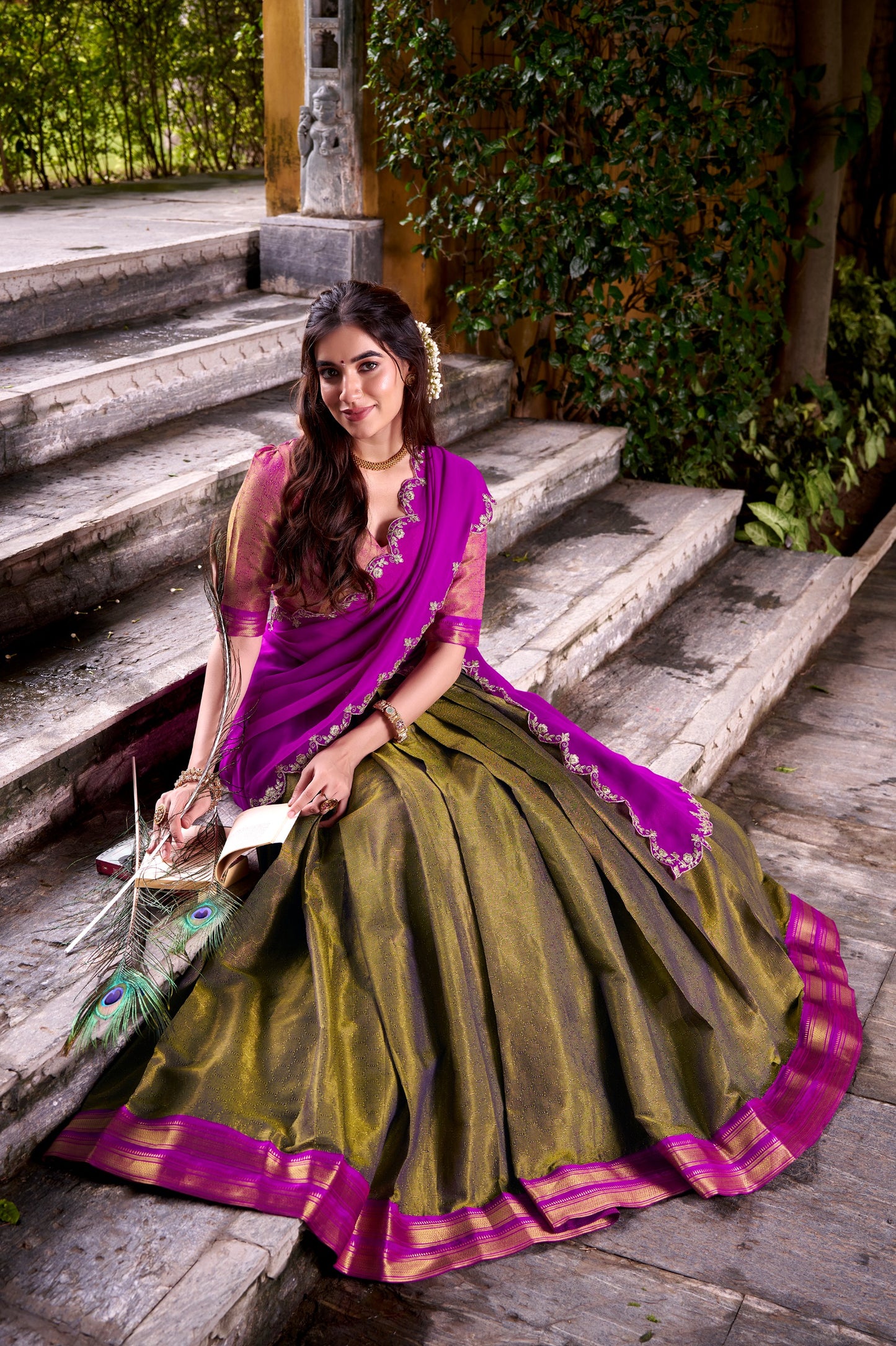 Women's Kanchipuram Silk Lehenga Set in Assorted Colors with Zari Weaving