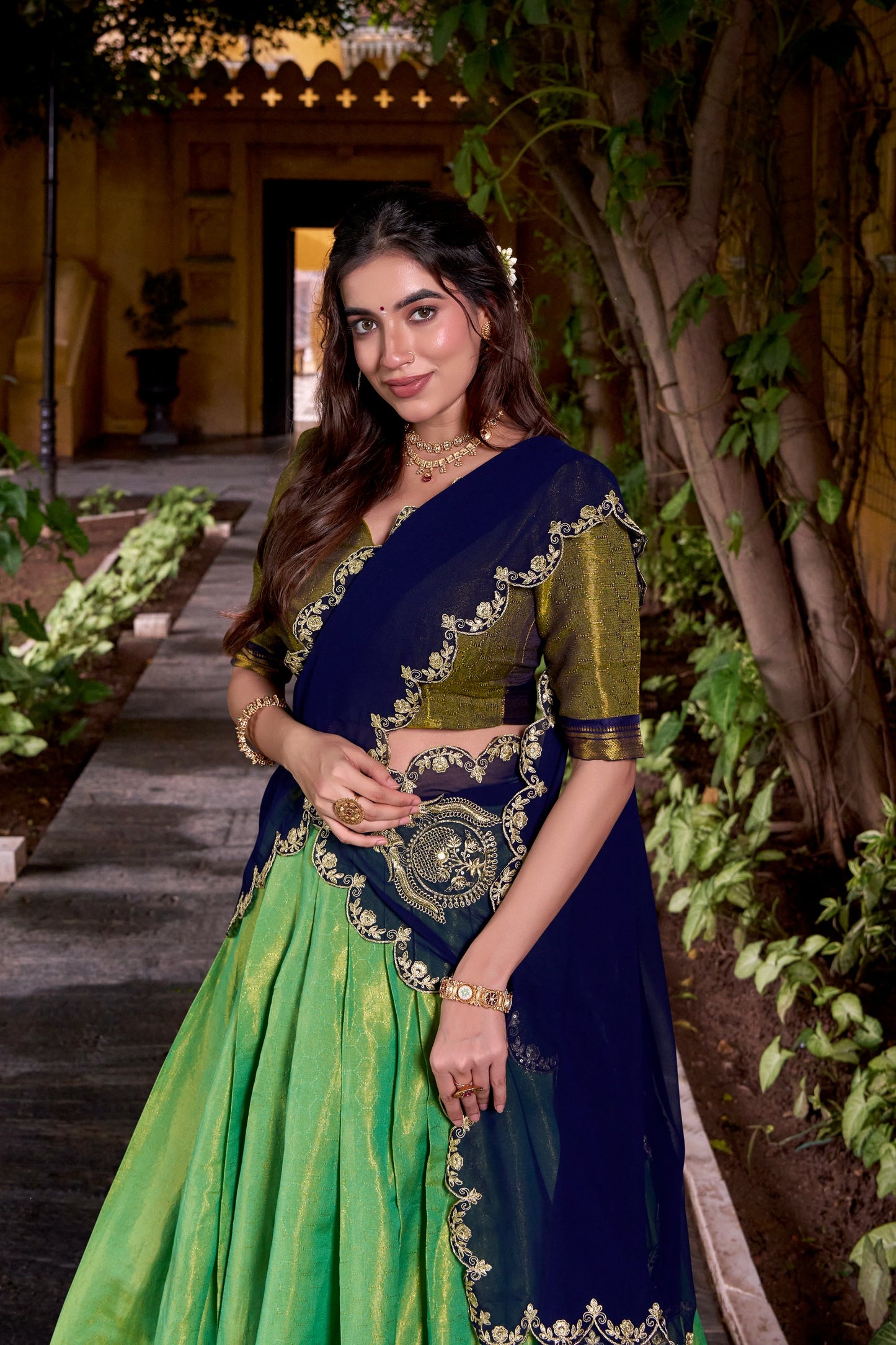 Women's Kanchipuram Silk Lehenga Set in Assorted Colors with Zari Weaving