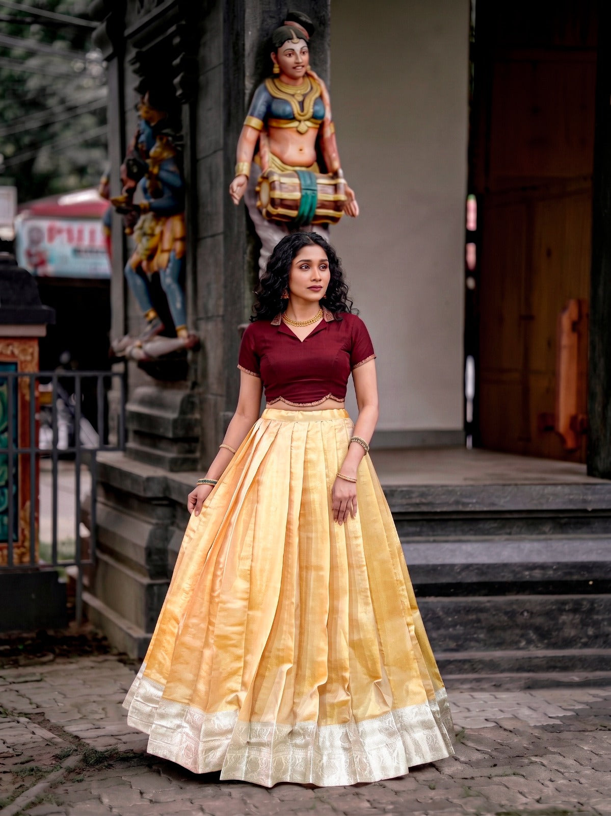 Women's Onam Pavada Set in Gold Kanchipuram Silk with Zari Weaving