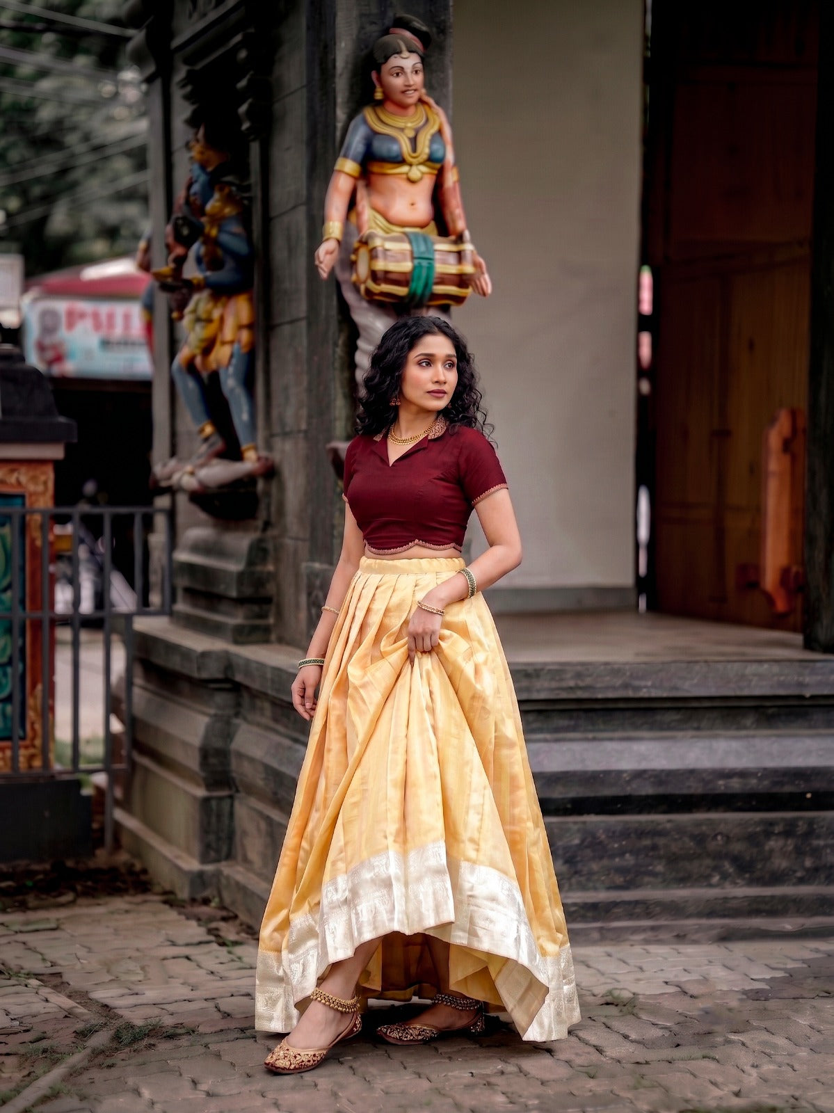Women's Onam Pavada Set in Gold Kanchipuram Silk with Zari Weaving