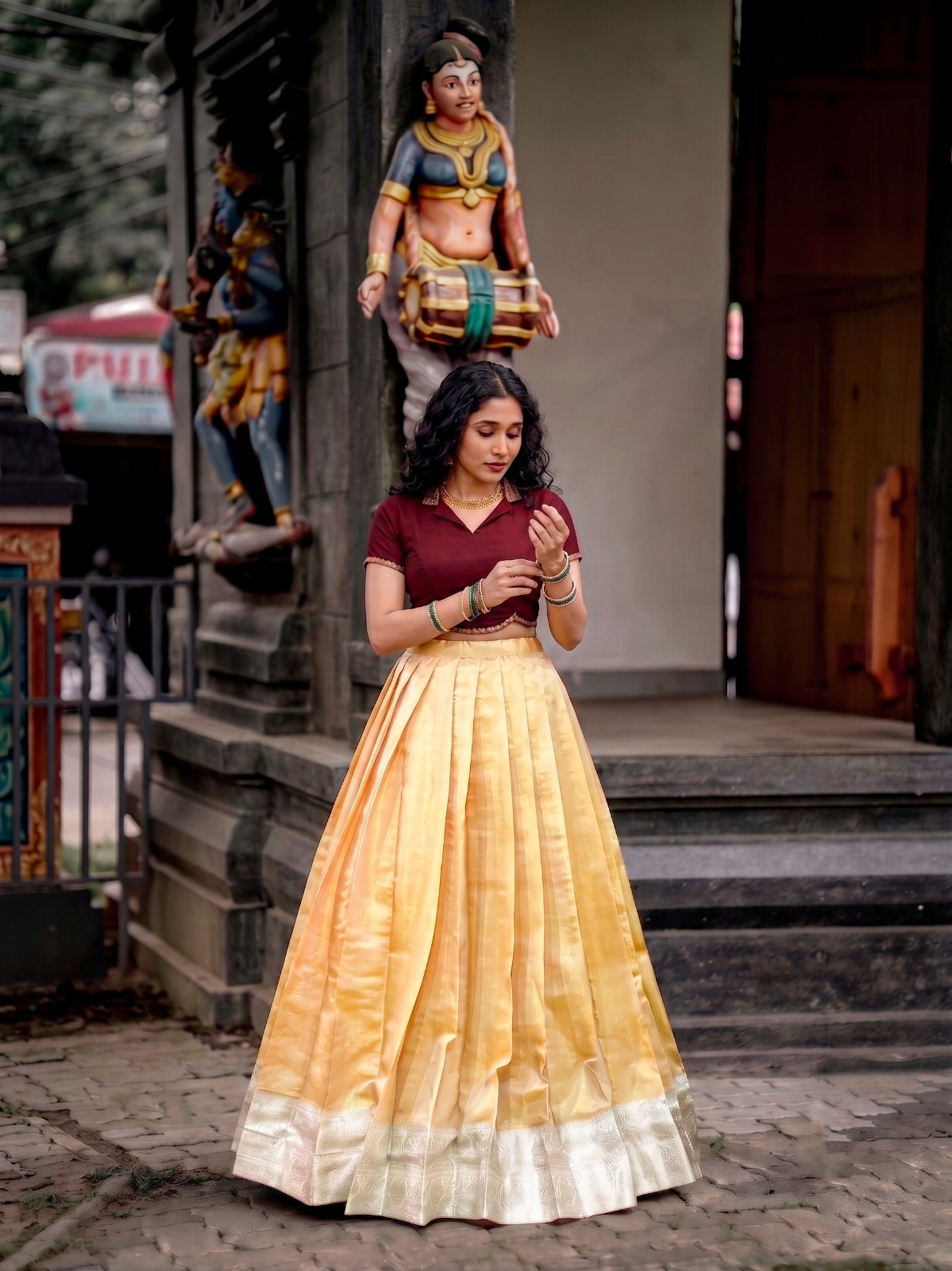 Women's Onam Pavada Set in Gold Kanchipuram Silk with Zari Weaving