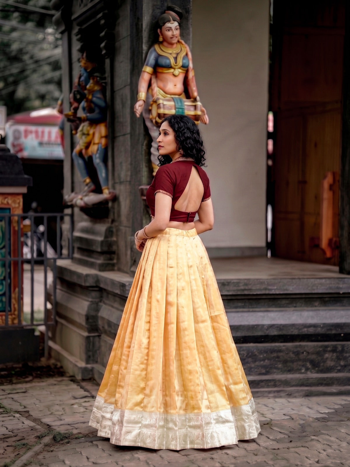 Women's Onam Pavada Set in Gold Kanchipuram Silk with Zari Weaving