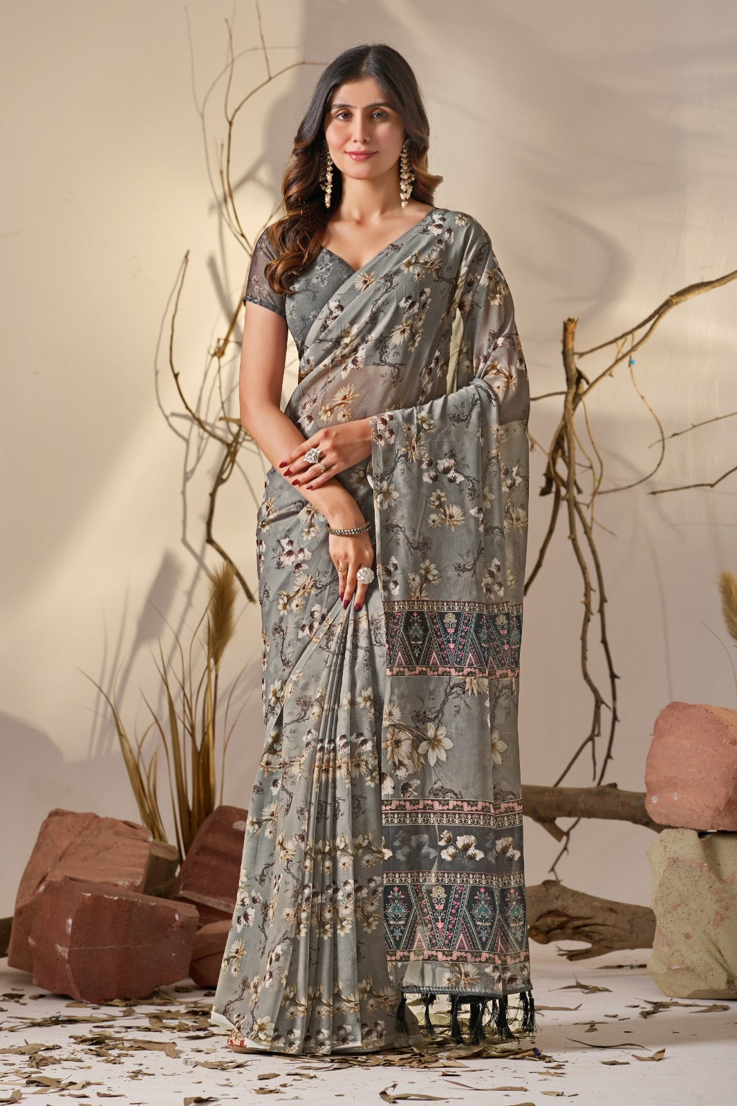 Women's Saree in Muted Grey Soft Georgette with Floral Digital Print and Tribal Patterned Pallu