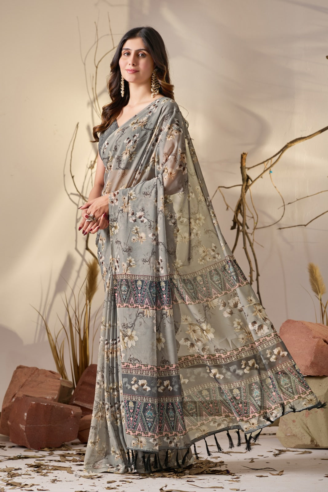 Women's Saree in Muted Grey Soft Georgette with Floral Digital Print and Tribal Patterned Pallu